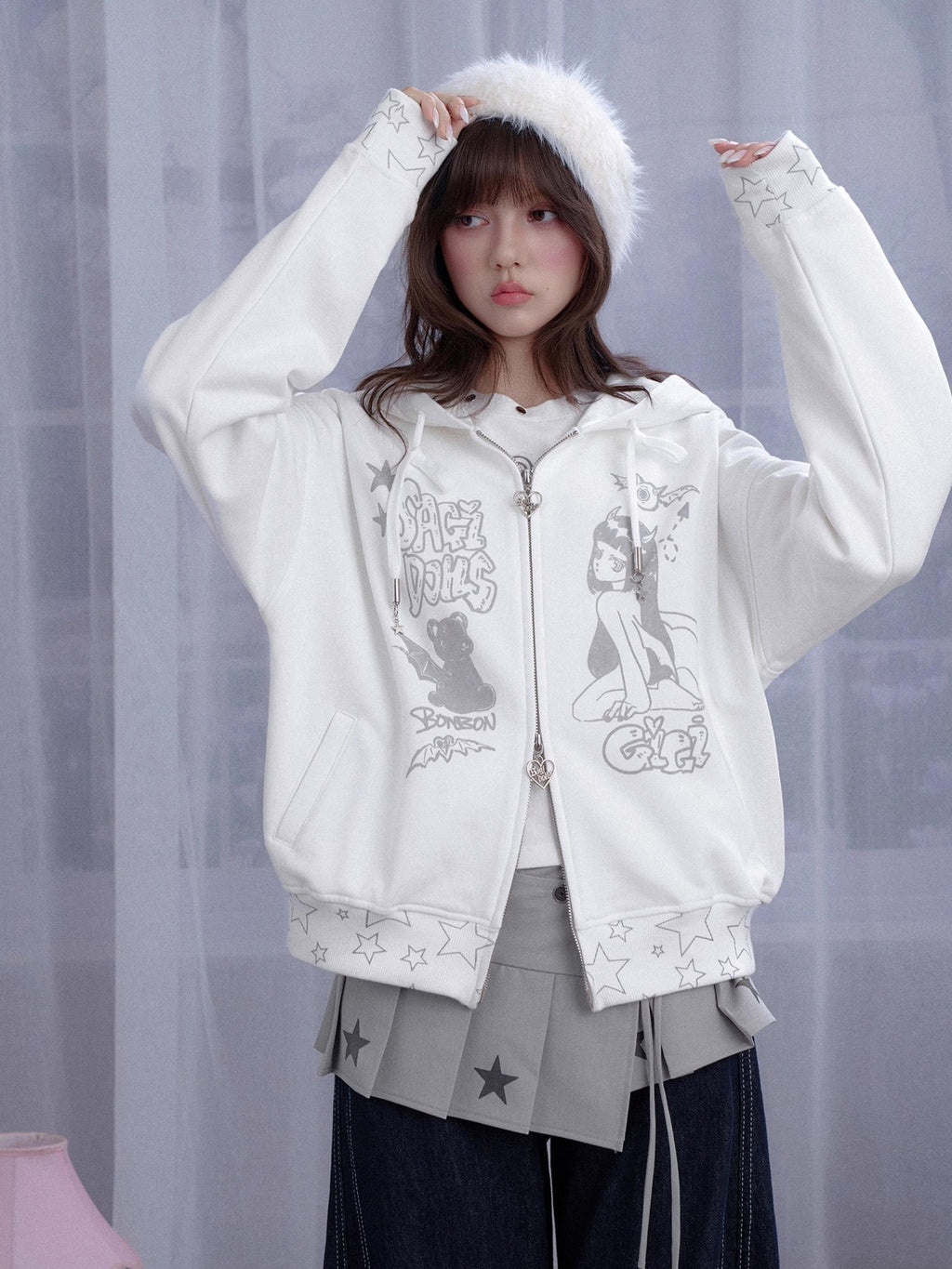 SagiDolls Star Print Pleated Layered Tie Front Low Rise Women's Polyester Clothing Accessories