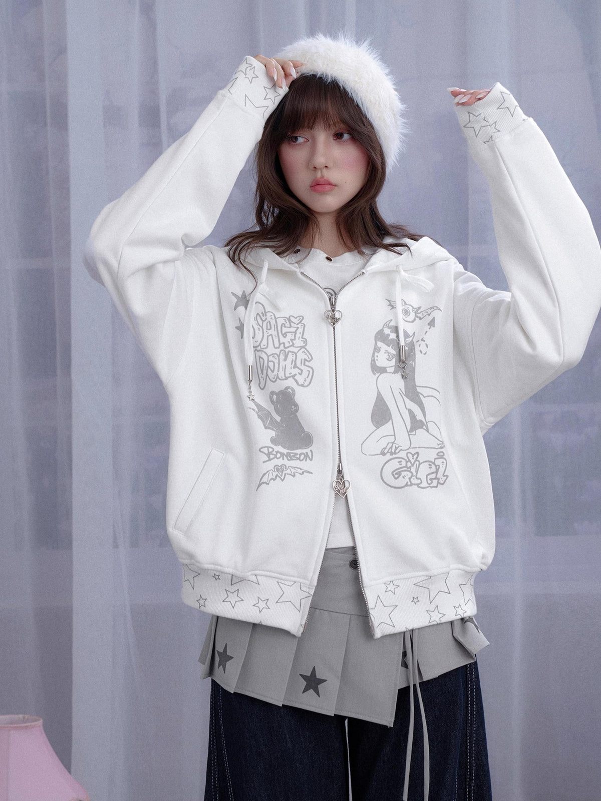 SagiDolls Star Print Pleated Layered Tie Front Low Rise Women's Polyester Clothing Accessories