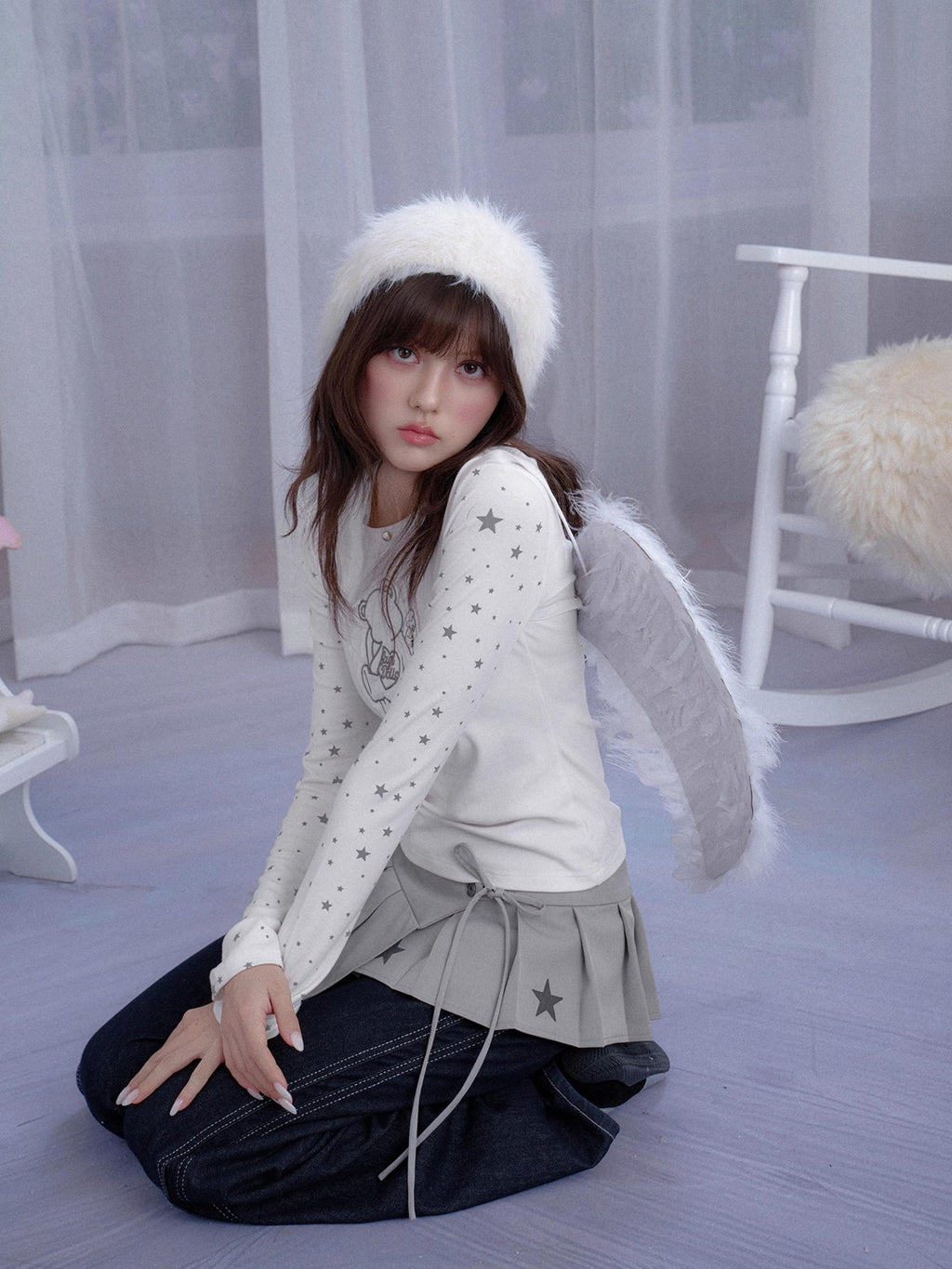 SagiDolls Star Print Pleated Layered Tie Front Low Rise Women's Polyester Clothing Accessories