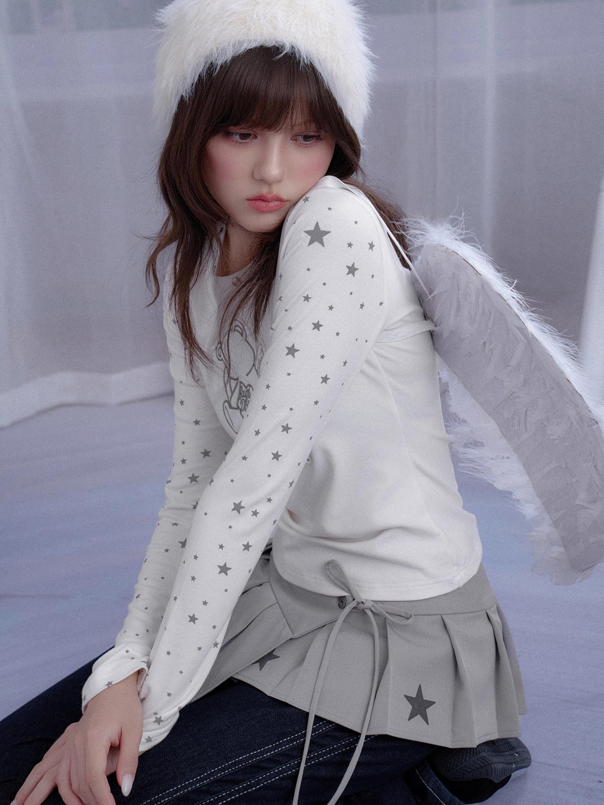 SagiDolls Star Print Pleated Layered Tie Front Low Rise Women's Polyester Clothing Accessories