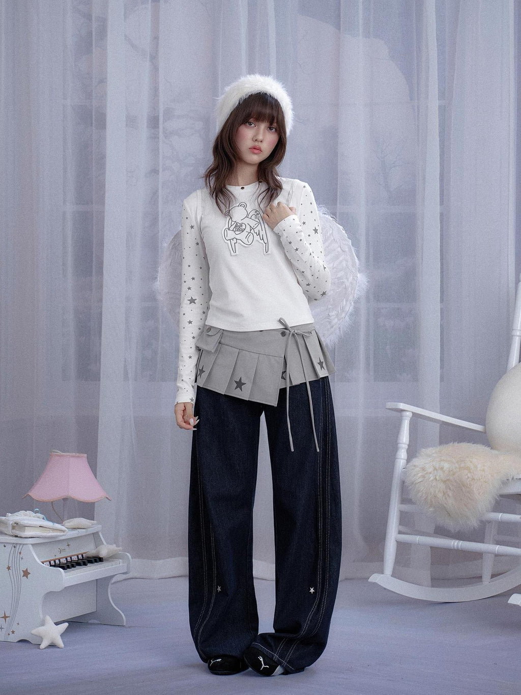 SagiDolls Star Print Pleated Layered Tie Front Low Rise Women's Polyester Clothing Accessories