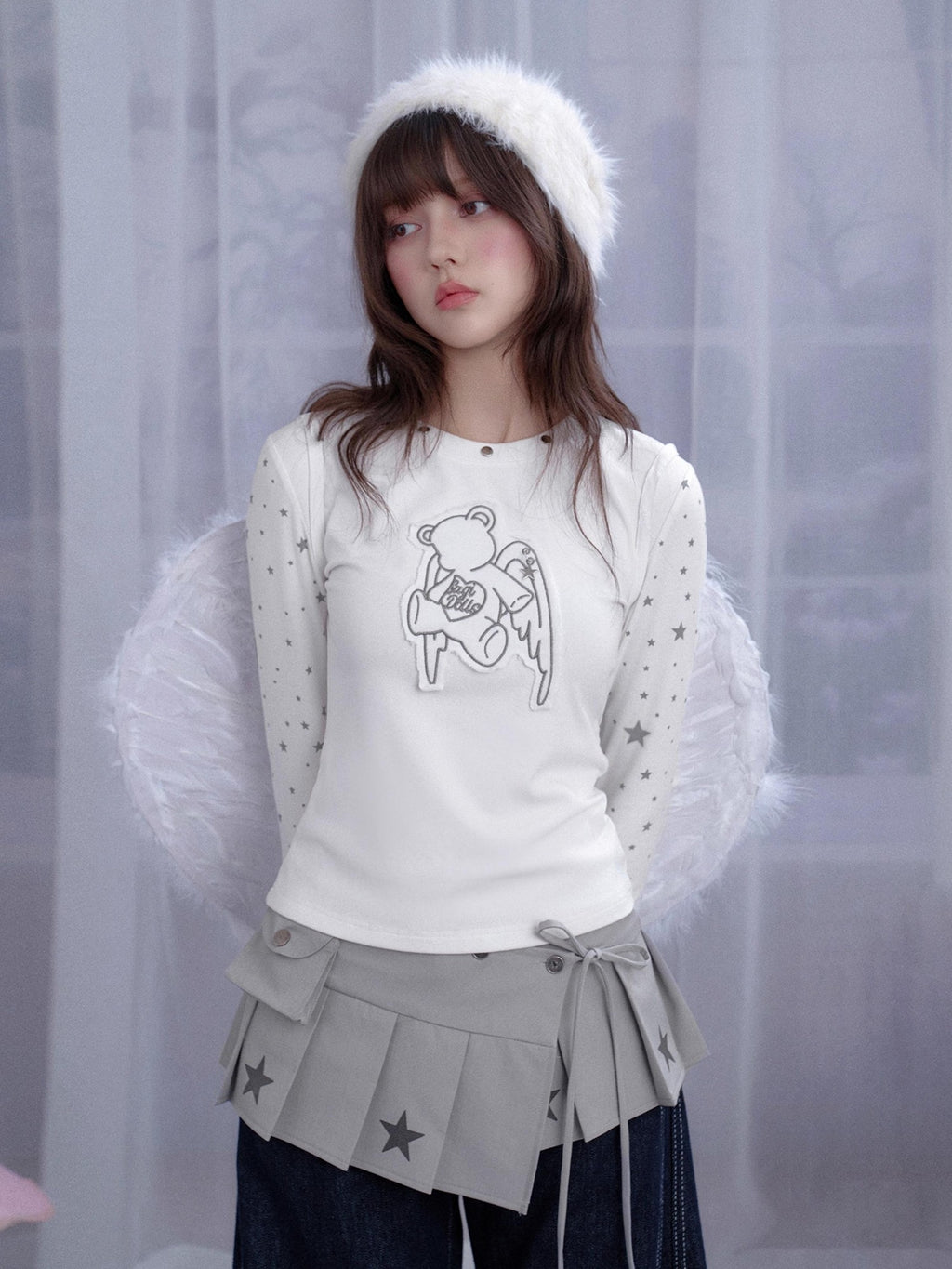 SagiDolls Star Print Pleated Layered Tie Front Low Rise Women's Polyester Clothing Accessories