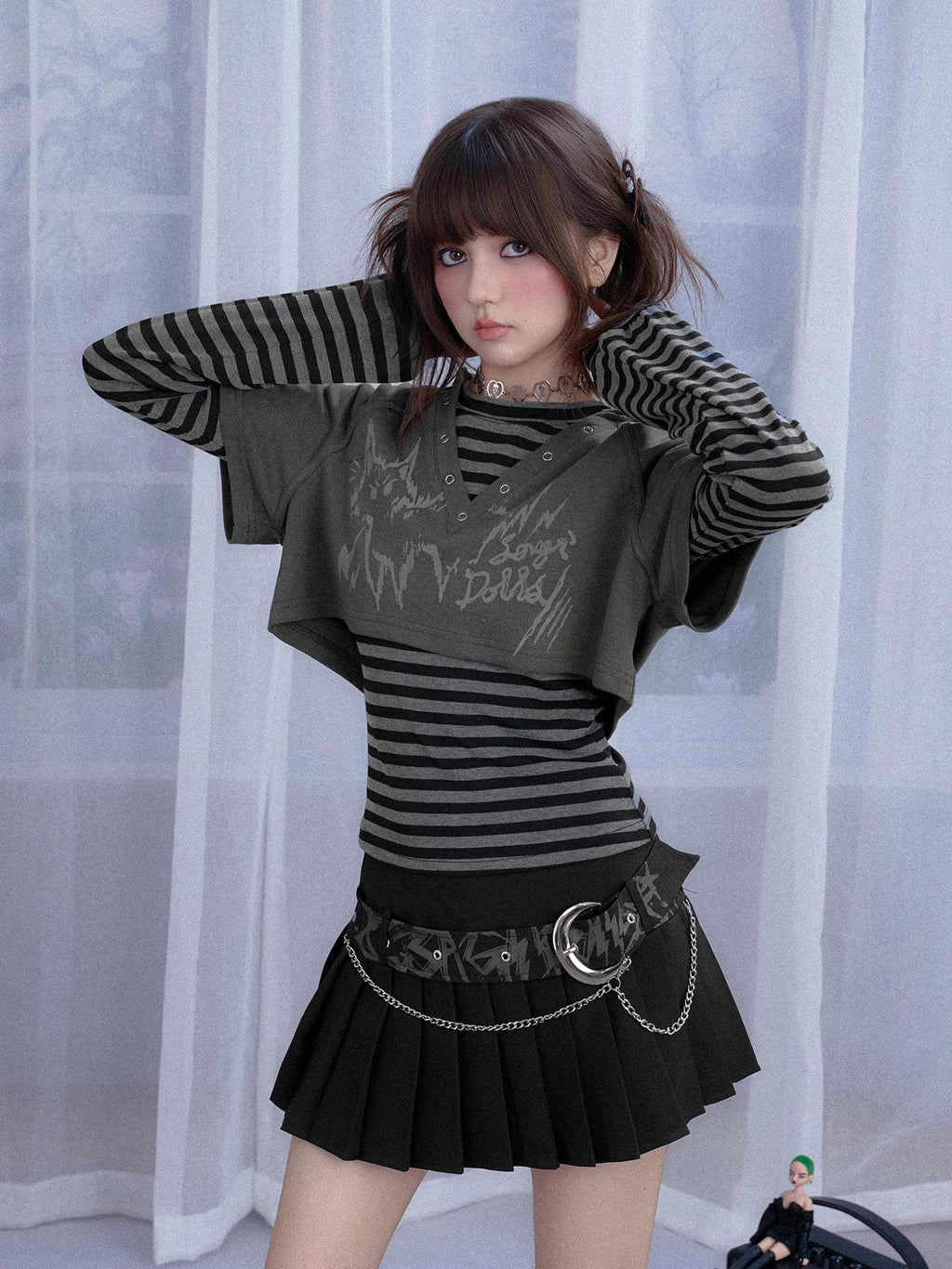 SagiDolls Striped Cat Print Hooded Two Piece Women's Cotton Long Sleeve T-shirts