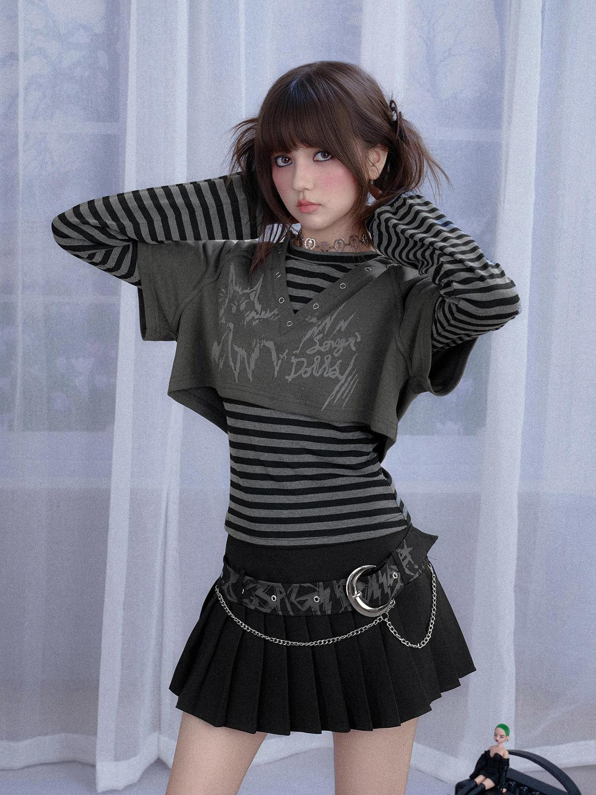 SagiDolls Striped Cat Print Hooded Two Piece Women's Cotton Long Sleeve T-shirts