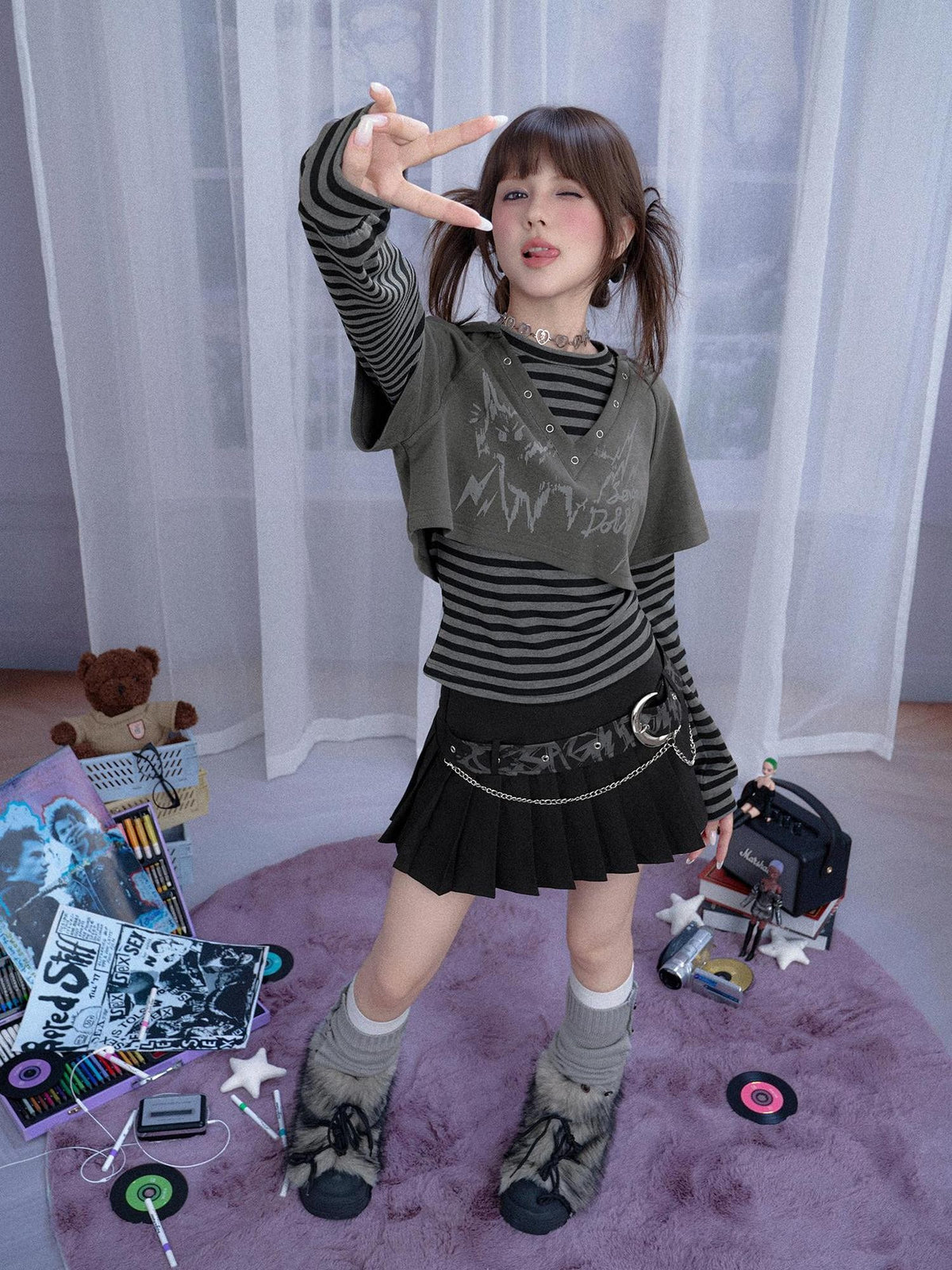 SagiDolls Striped Cat Print Hooded Two Piece Women's Cotton Long Sleeve T-shirts