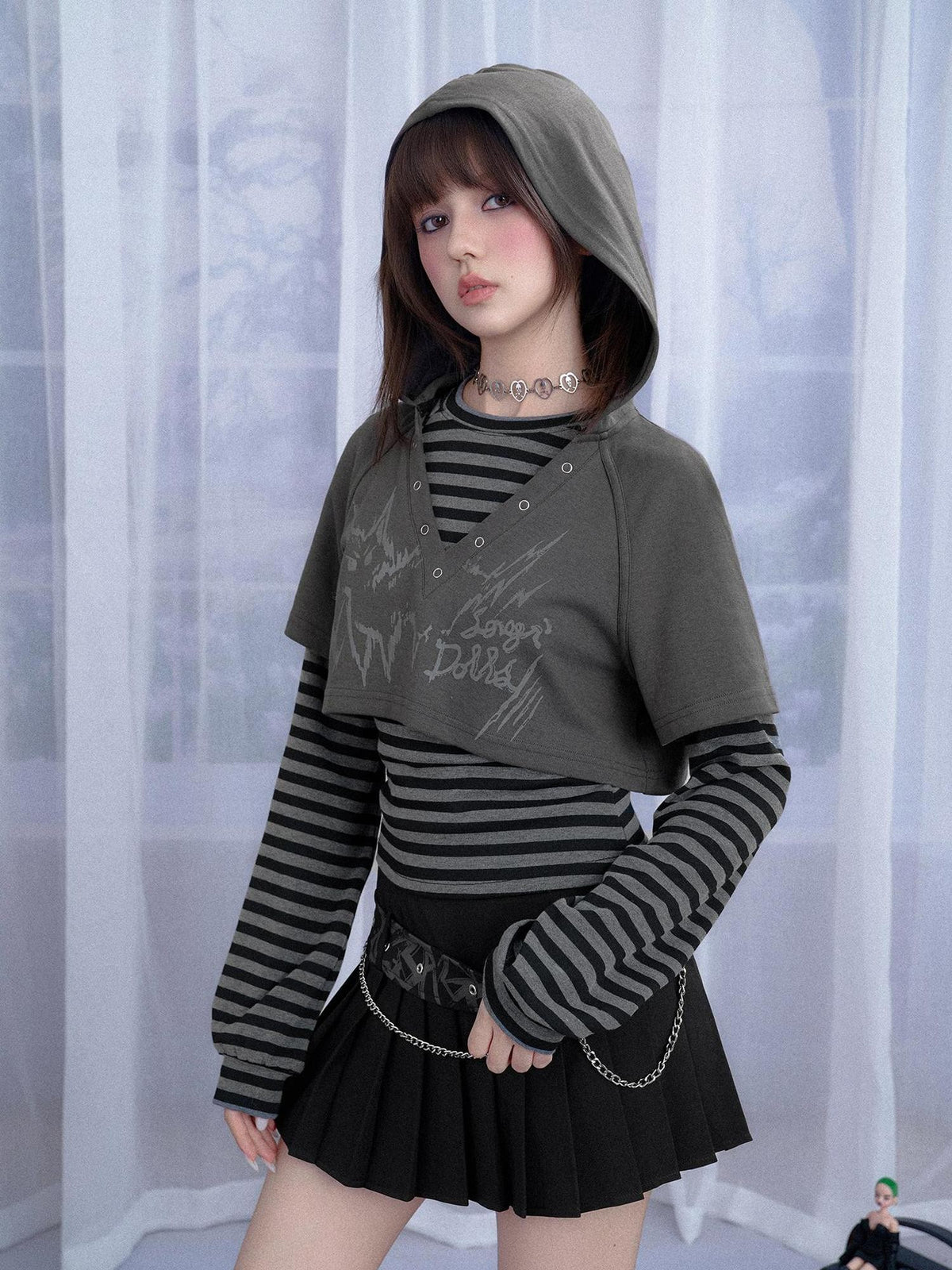 SagiDolls Striped Cat Print Hooded Two Piece Women's Cotton Long Sleeve T-shirts