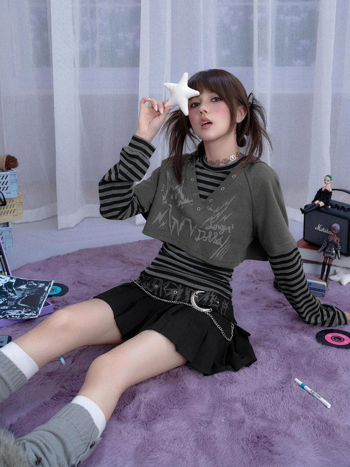 SagiDolls Striped Cat Print Hooded Two Piece Women's Cotton Long Sleeve T-shirts