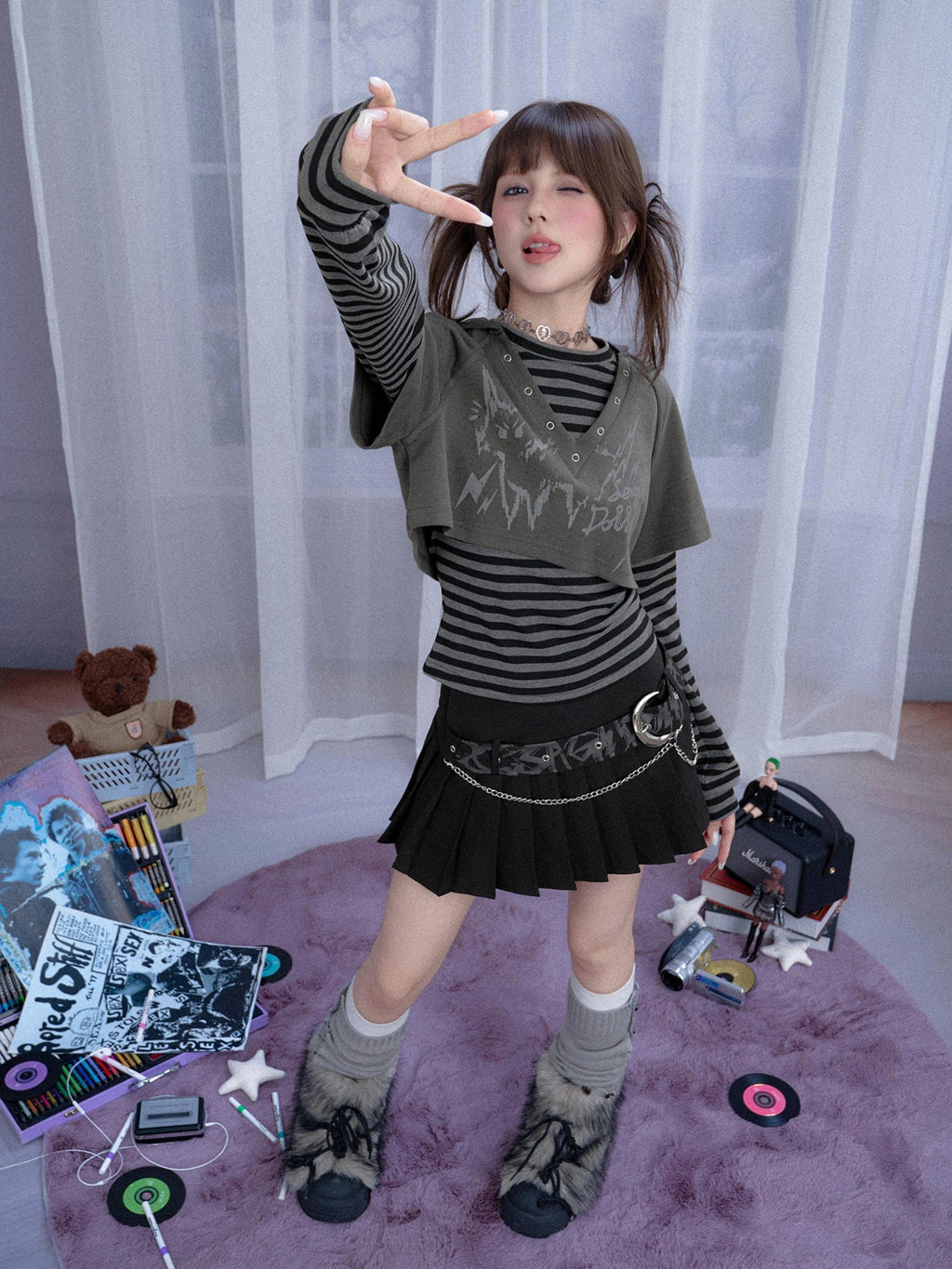 SagiDolls Striped Cat Print Hooded Two Piece Women's Cotton Long Sleeve T-shirts