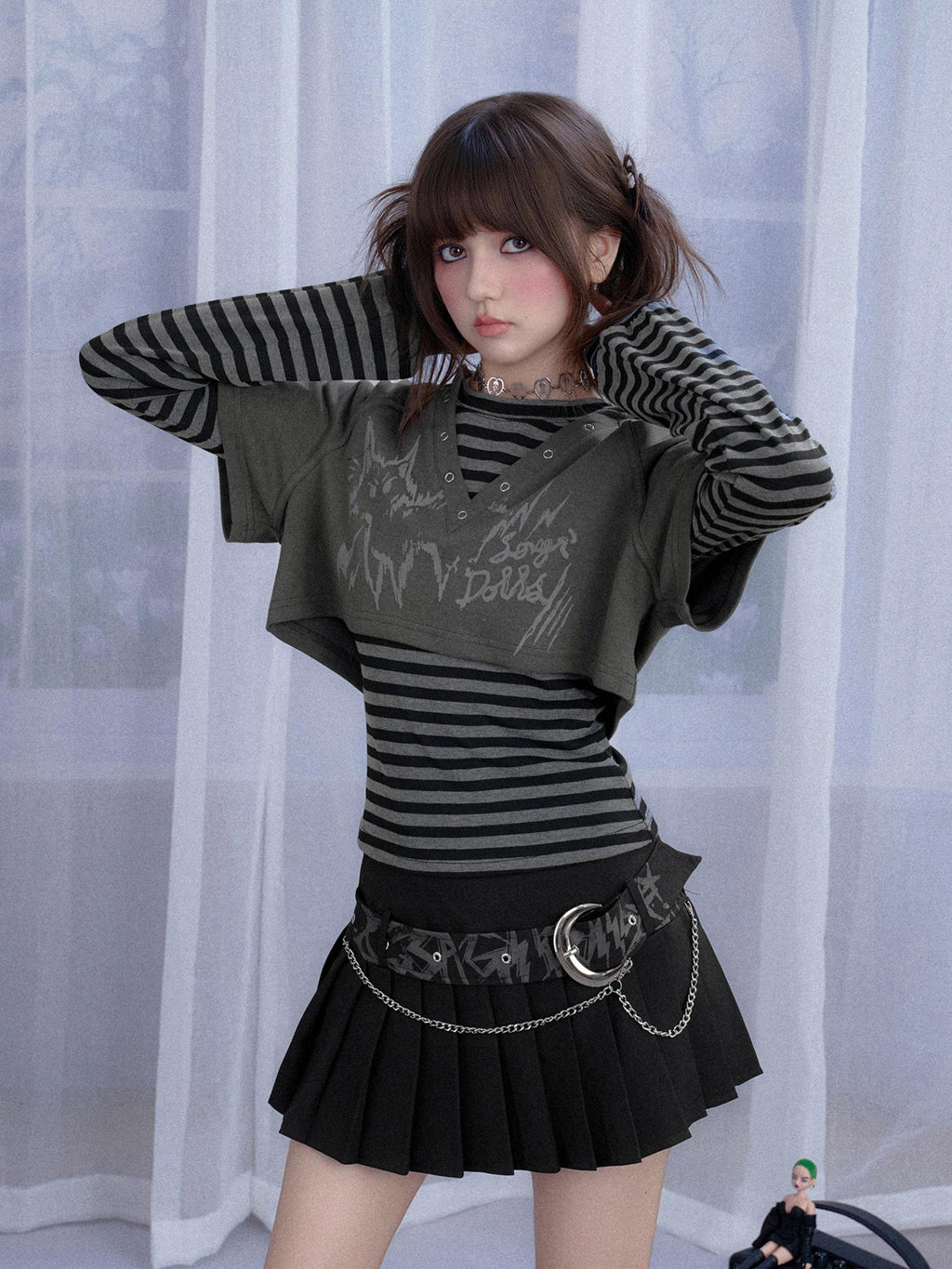SagiDolls Striped Cat Print Hooded Two Piece Women's Cotton Long Sleeve T-shirts