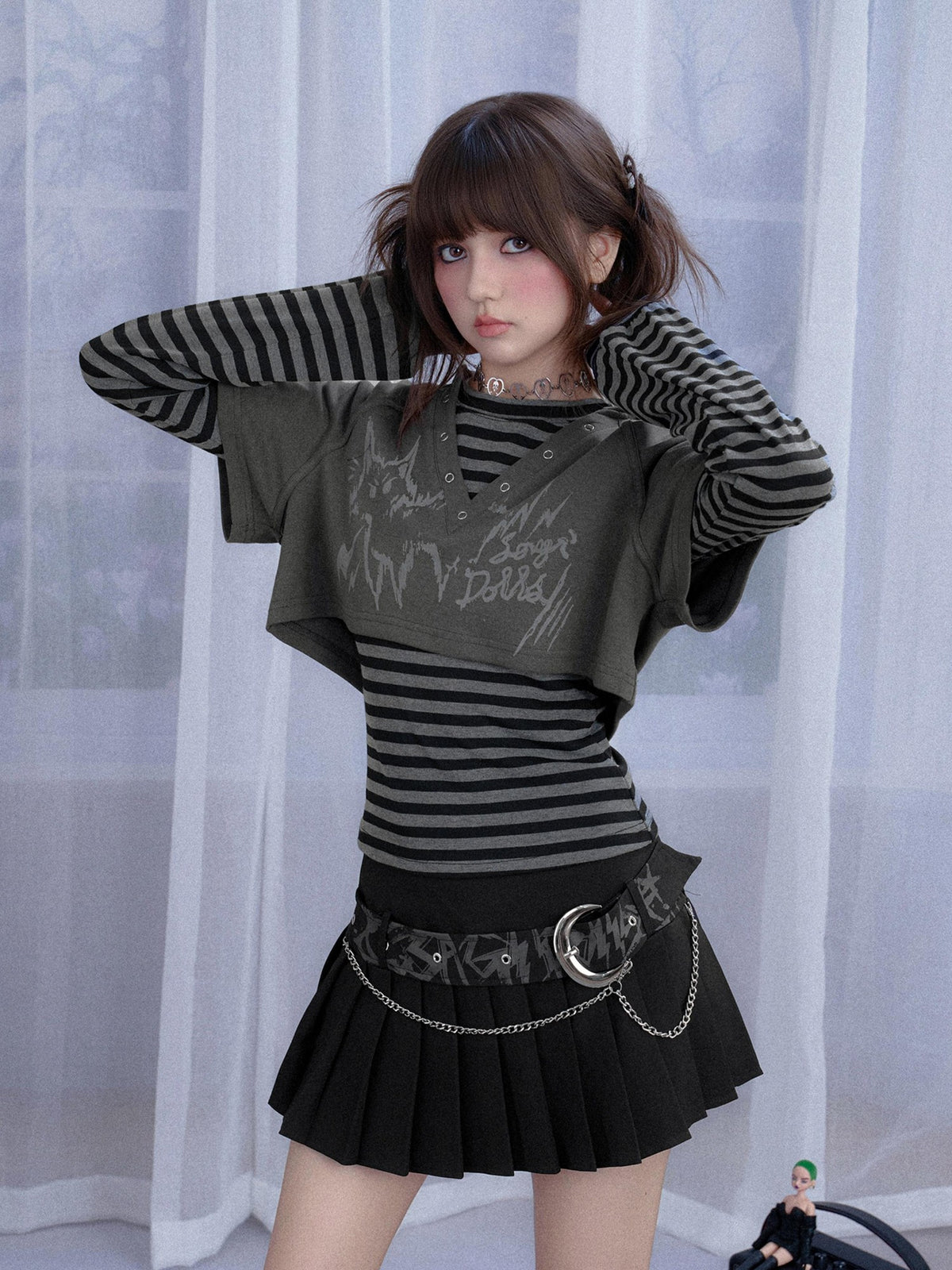 SagiDolls Striped Cat Print Hooded Two Piece Women's Cotton Long Sleeve T-shirts