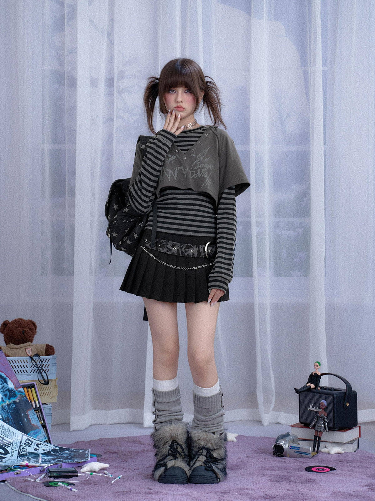 SagiDolls Striped Cat Print Hooded Two Piece Women's Cotton Long Sleeve T-shirts