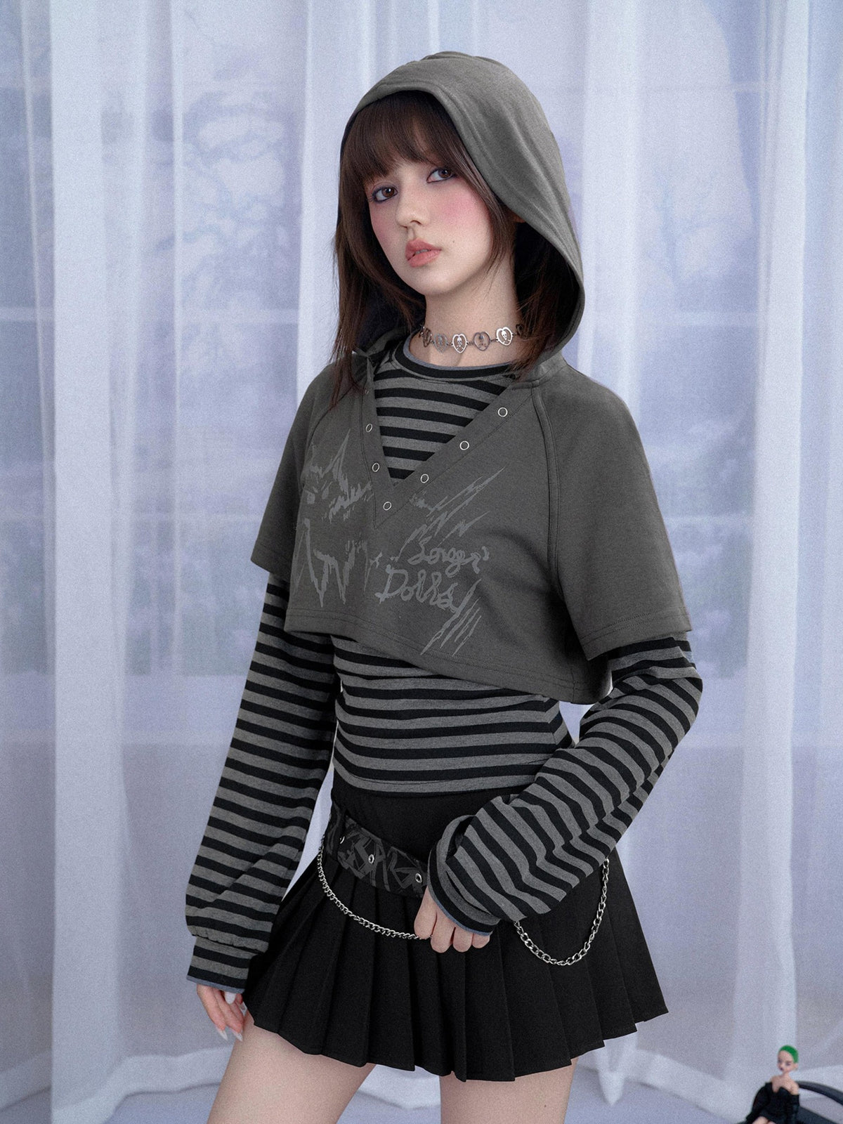SagiDolls Striped Cat Print Hooded Two Piece Women's Cotton Long Sleeve T-shirts