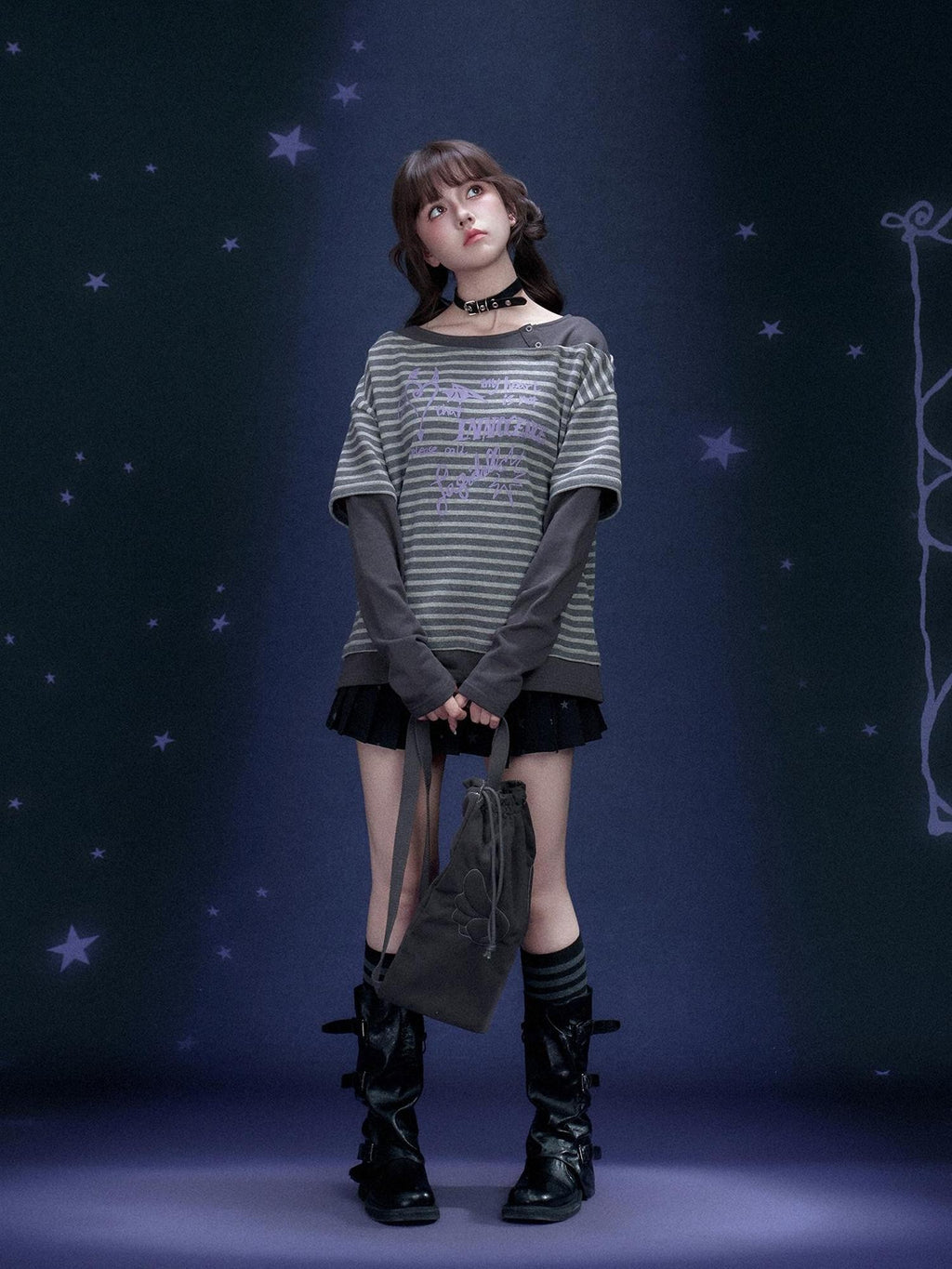 SagiDolls Striped Graffiti Print Faux Layer Loose Fit Cotton Women's Long Sleeve T-shirts