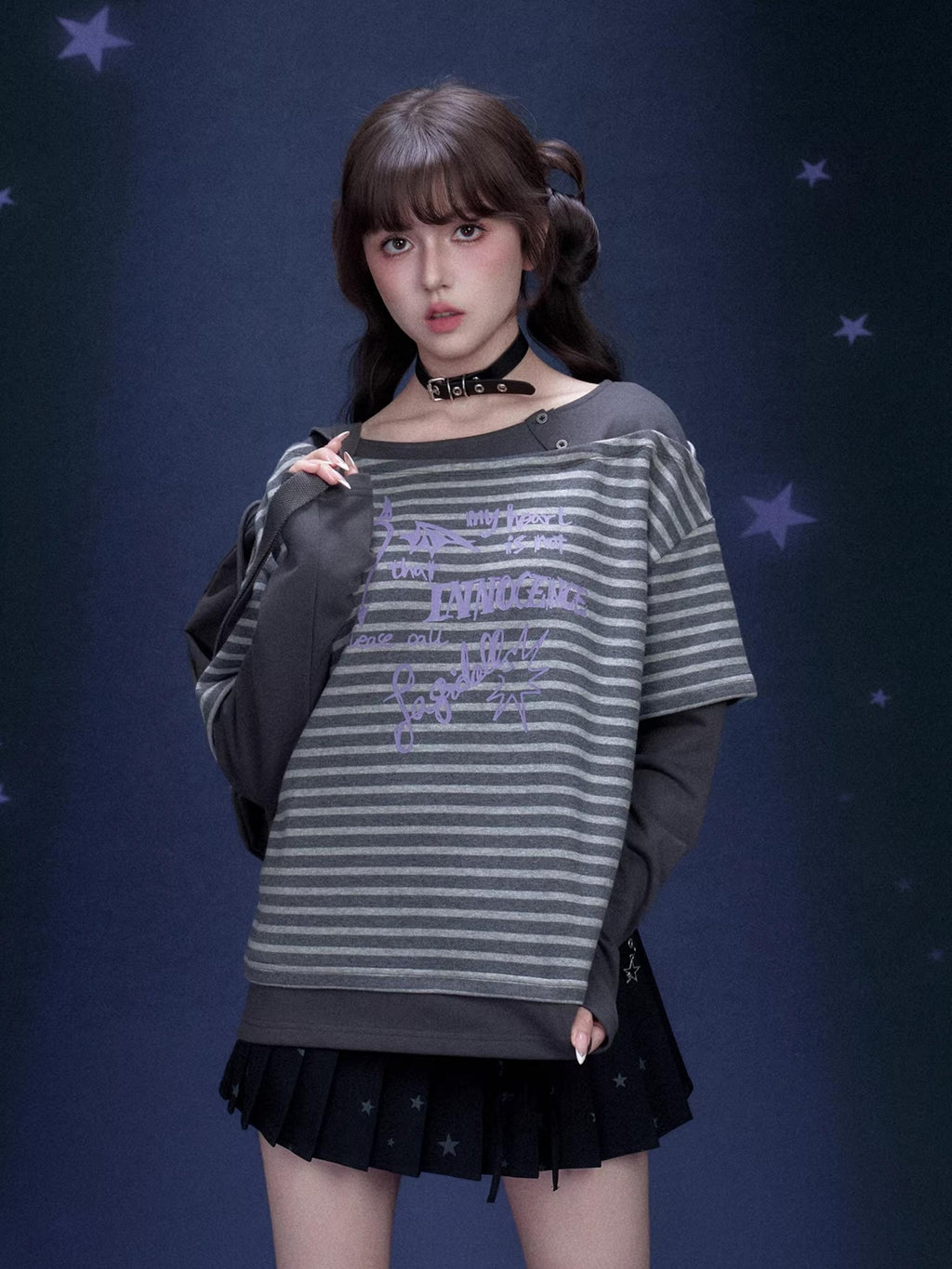 SagiDolls Striped Graffiti Print Faux Layer Loose Fit Cotton Women's Long Sleeve T-shirts