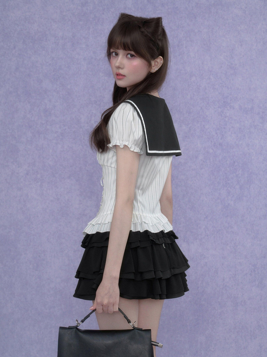 SagiDolls Striped Sailor Collar Faux Two Piece Embroidered Women's Short Sleeve T-shirts