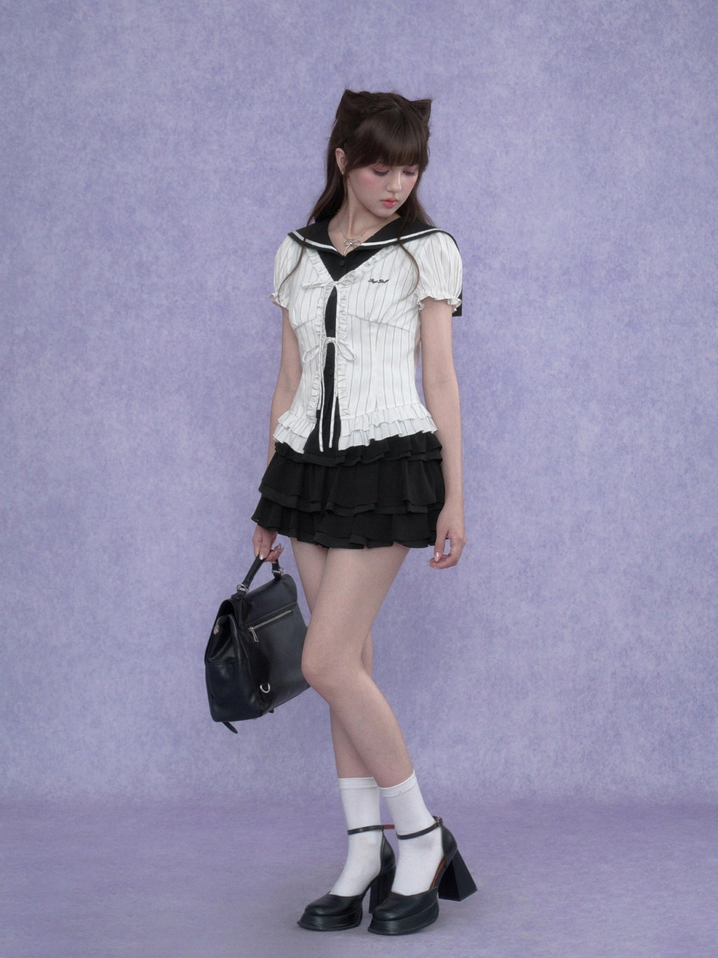 SagiDolls Striped Sailor Collar Faux Two Piece Embroidered Women's Short Sleeve T-shirts