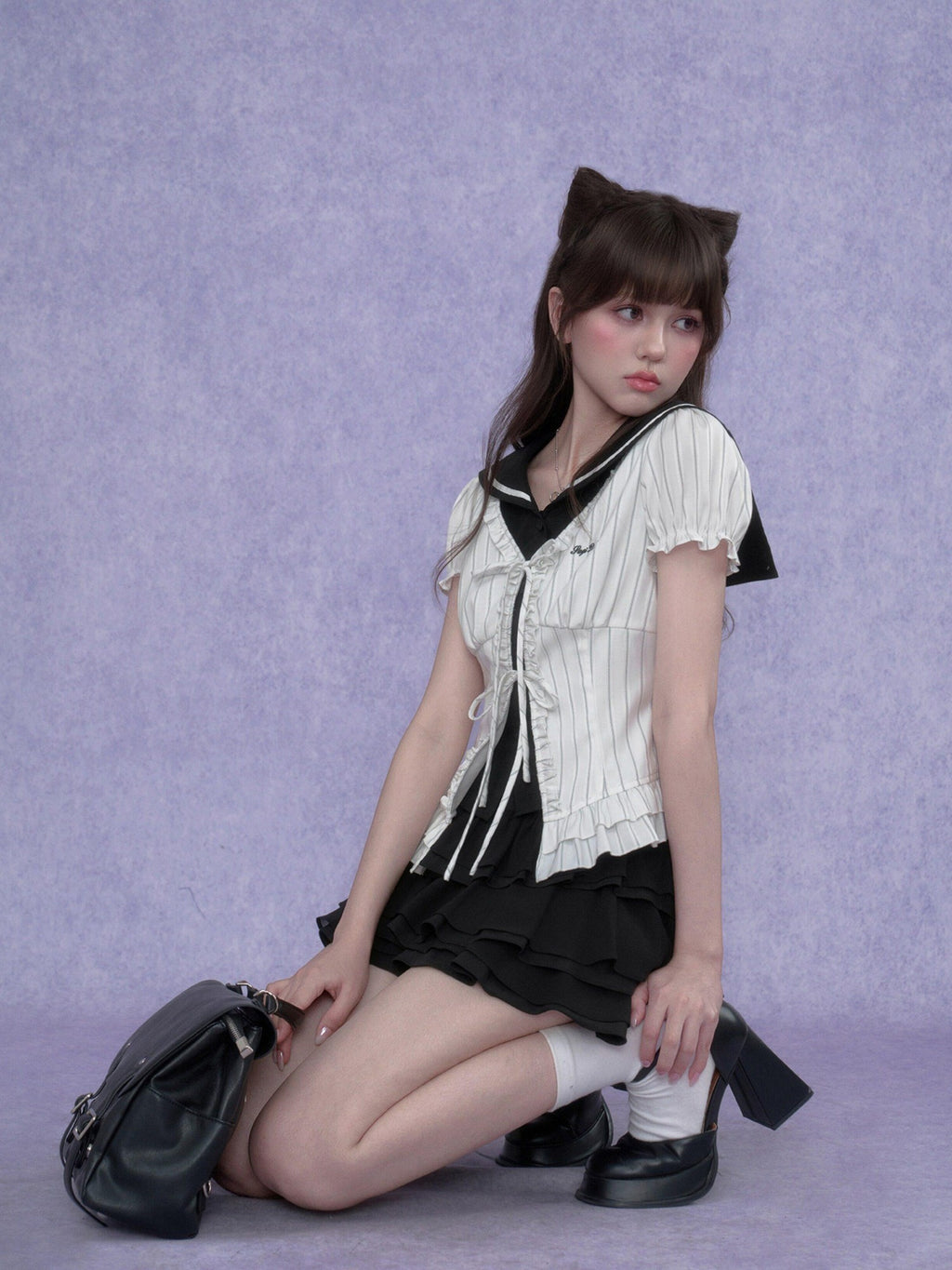 SagiDolls Striped Sailor Collar Faux Two Piece Embroidered Women's Short Sleeve T-shirts