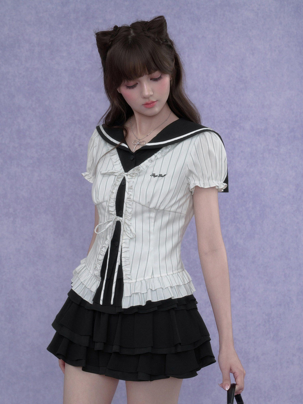SagiDolls Striped Sailor Collar Faux Two Piece Embroidered Women's Short Sleeve T-shirts