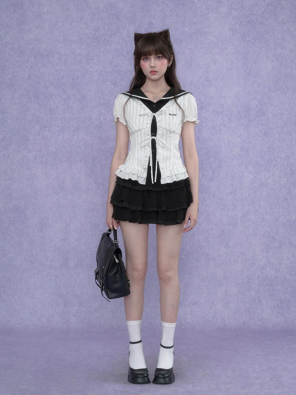 SagiDolls Striped Sailor Collar Faux Two Piece Embroidered Women's Short Sleeve T-shirts