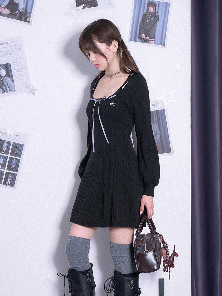 SagiDolls Sweet Black Square Neck A Line Long Sleeve Women's Viscose Casual Mini Dresses