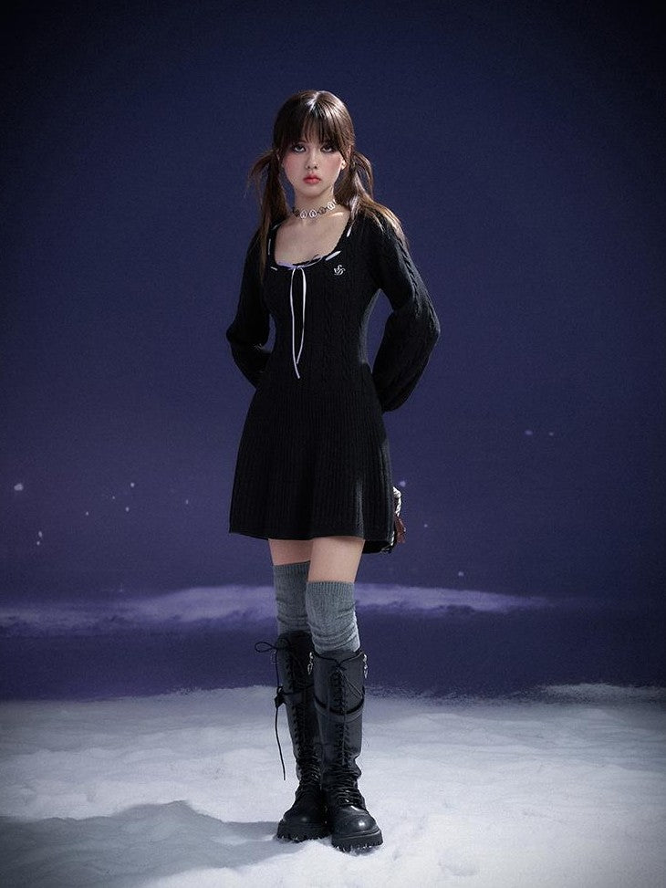 SagiDolls Sweet Black Square Neck A Line Long Sleeve Women's Viscose Casual Mini Dresses