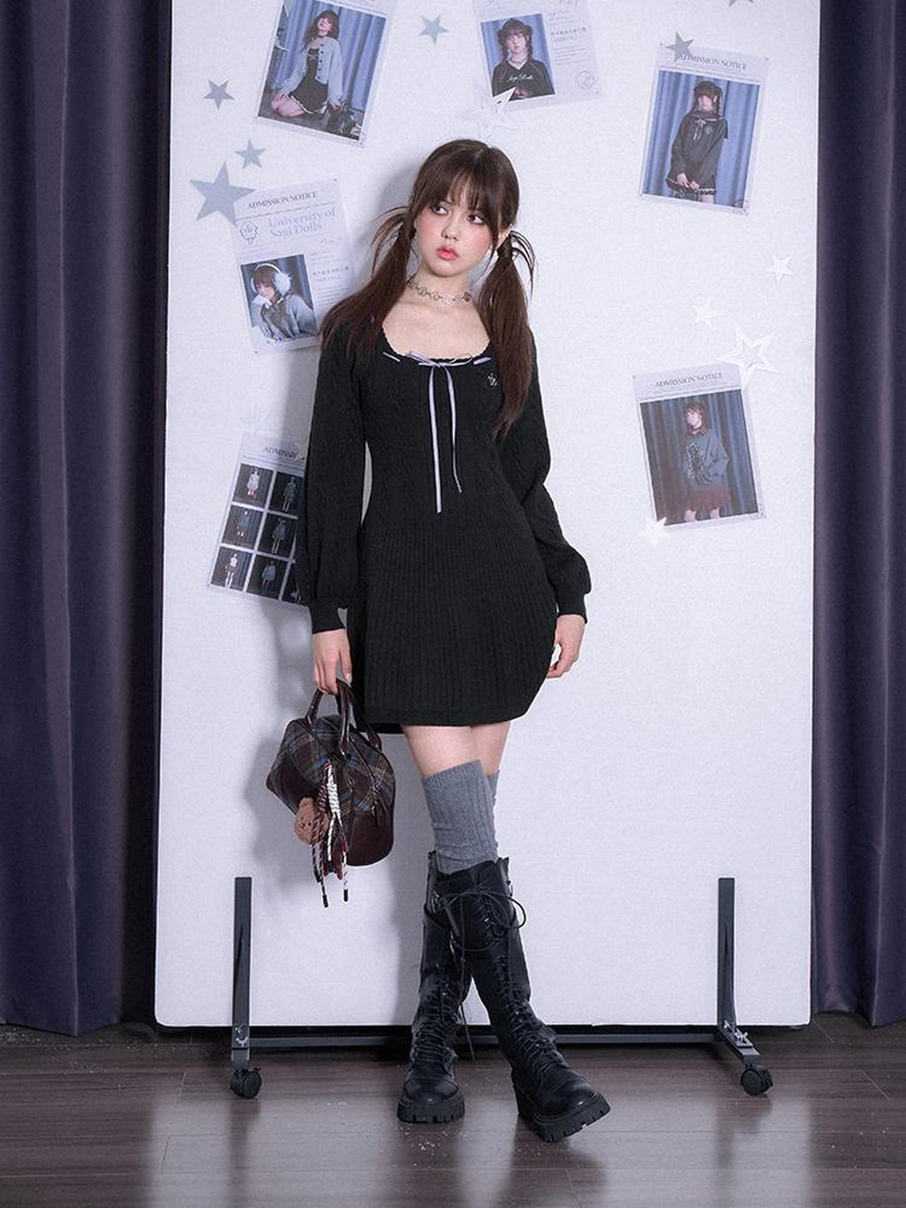 SagiDolls Sweet Black Square Neck A Line Long Sleeve Women's Viscose Casual Mini Dresses