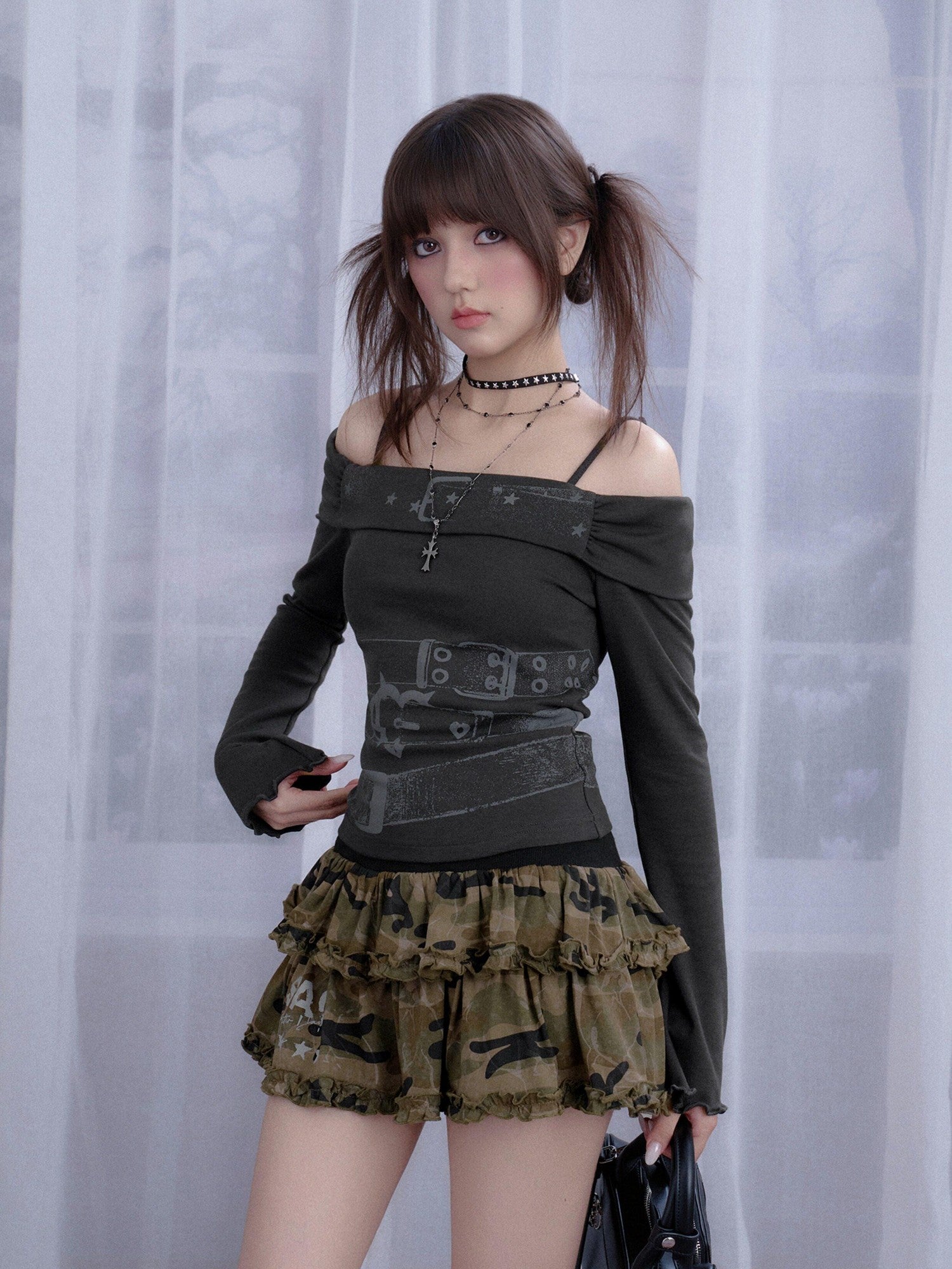 SagiDolls Sweet Camo Print Elastic Waist A Line Women's Cotton Knit Tiered Skirts