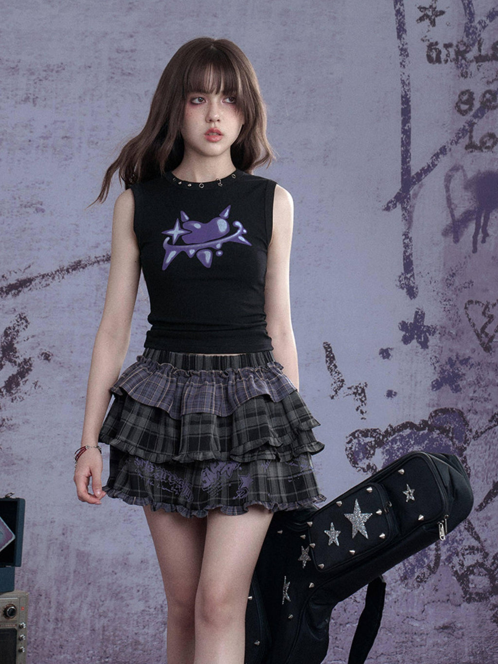 SagiDolls Sweet Cool Black Hand Drawn Graffiti Print Women's Viscose Blend Tank Tops