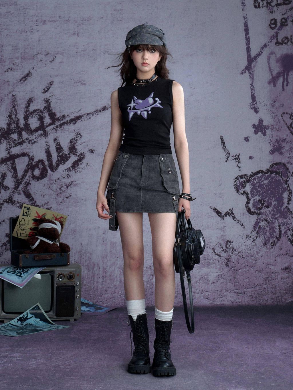 SagiDolls Sweet Cool Black Hand Drawn Graffiti Print Women's Viscose Blend Tank Tops