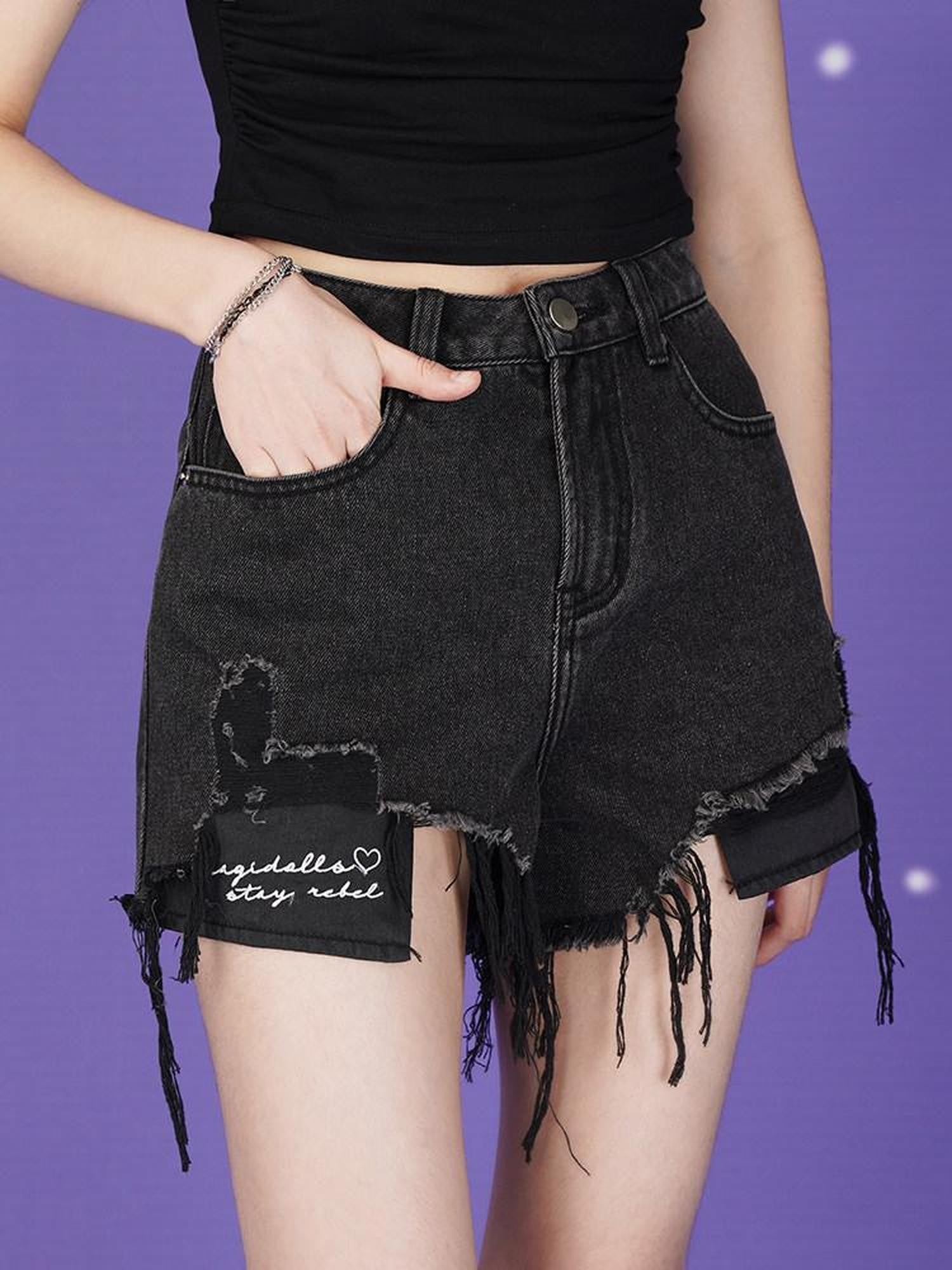 SagiDolls Sweet Cool Distressed High Waist Frayed Hem Women's Black Denim Shorts