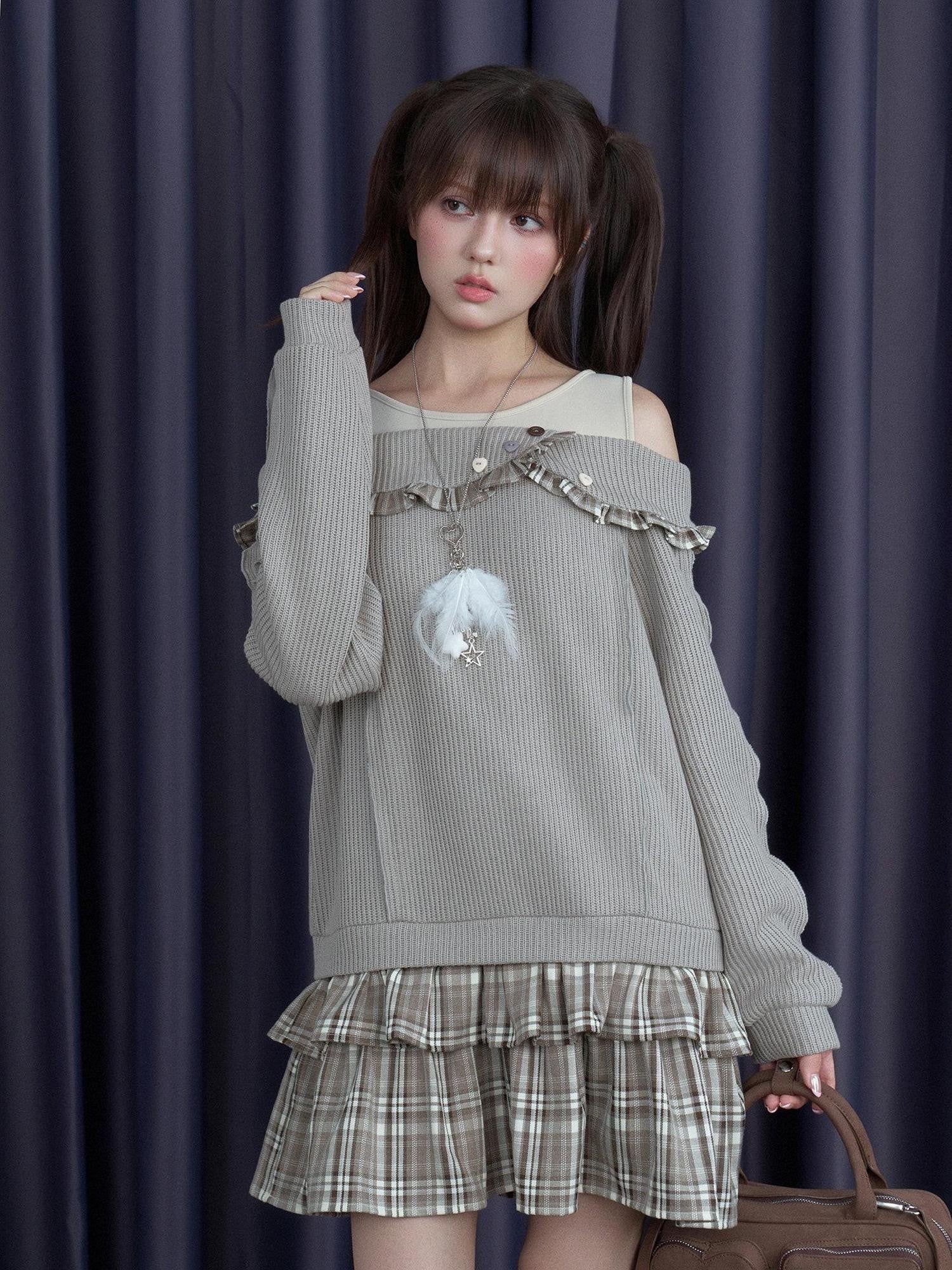 SagiDolls Sweet Knit Patch Plaid Faux Two Piece Women's Casual Mini Dresses