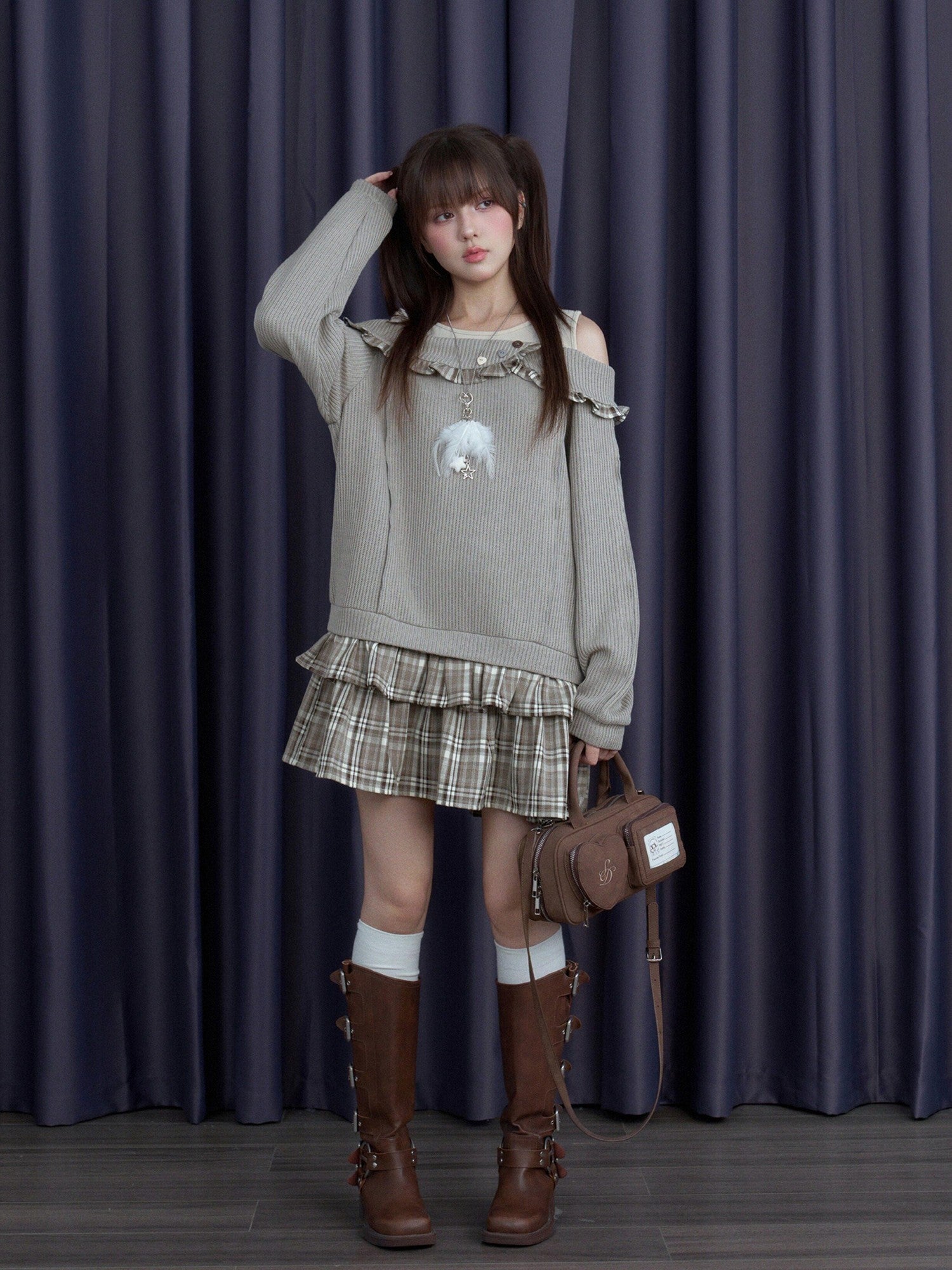 SagiDolls Sweet Knit Patch Plaid Faux Two Piece Women's Casual Mini Dresses