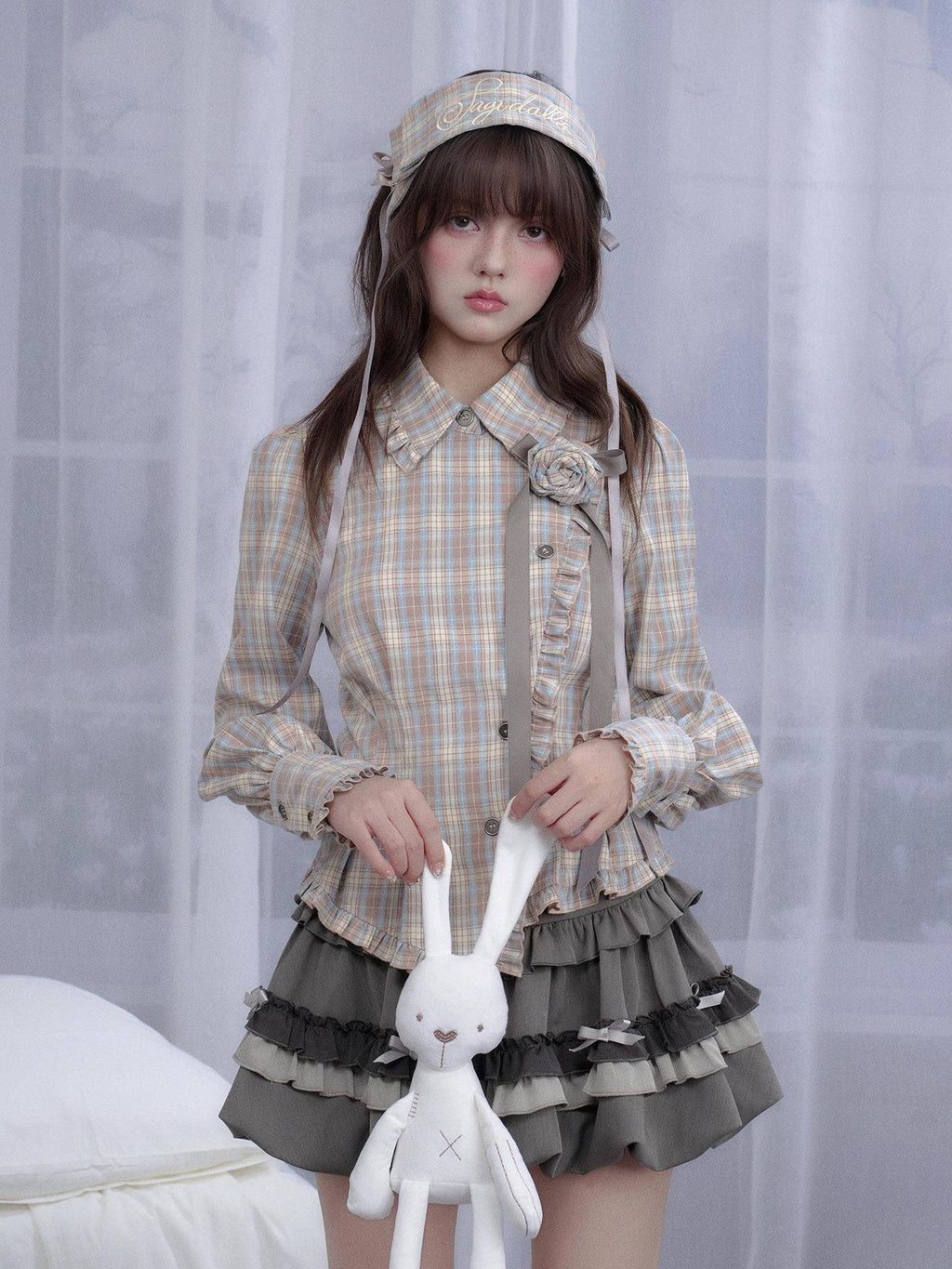 SagiDolls Sweet Plaid Asymmetric Embroidered Lantern Sleeve Women's Polyester Blouses