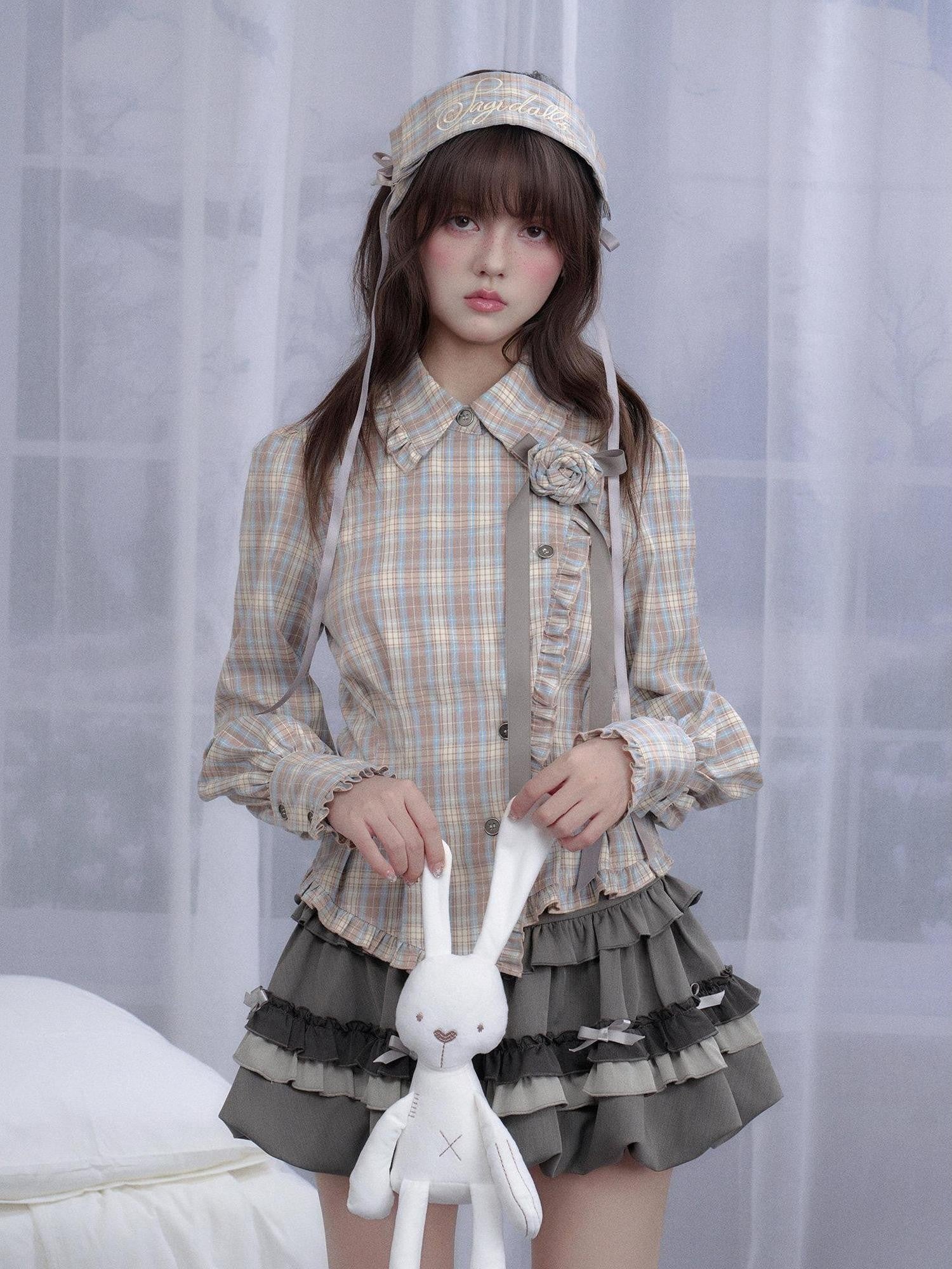 SagiDolls Sweet Plaid Asymmetric Embroidered Lantern Sleeve Women's Polyester Blouses