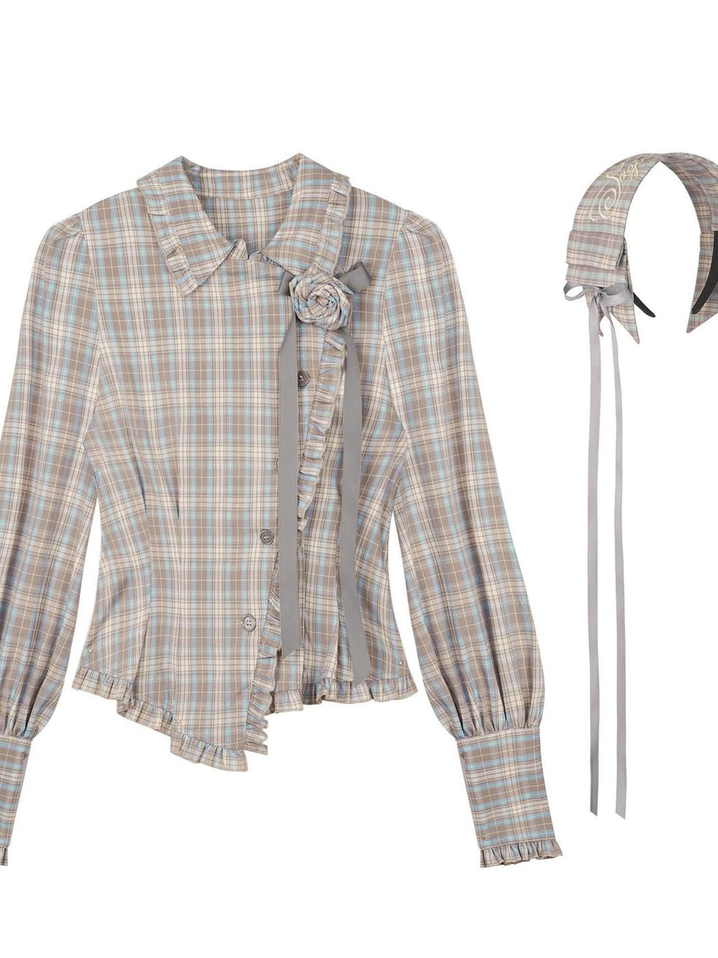 SagiDolls Sweet Plaid Asymmetric Embroidered Lantern Sleeve Women's Polyester Blouses