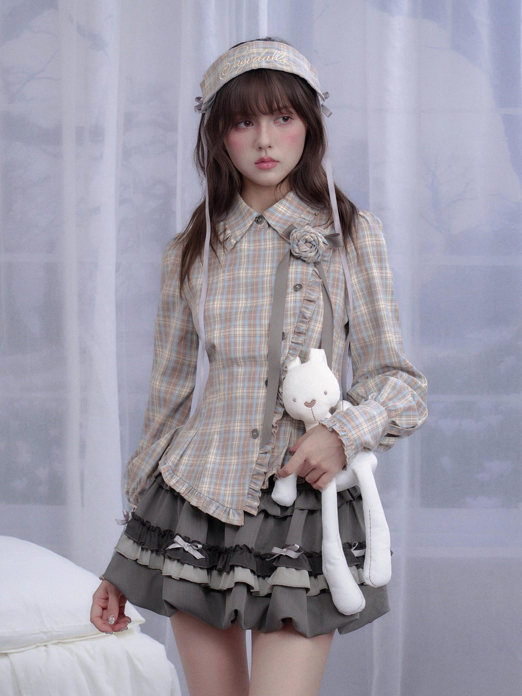 SagiDolls Sweet Plaid Asymmetric Embroidered Lantern Sleeve Women's Polyester Blouses