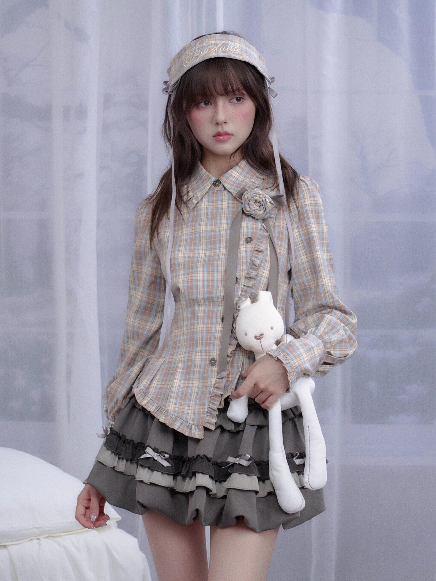 SagiDolls Sweet Plaid Asymmetric Embroidered Lantern Sleeve Women's Polyester Blouses