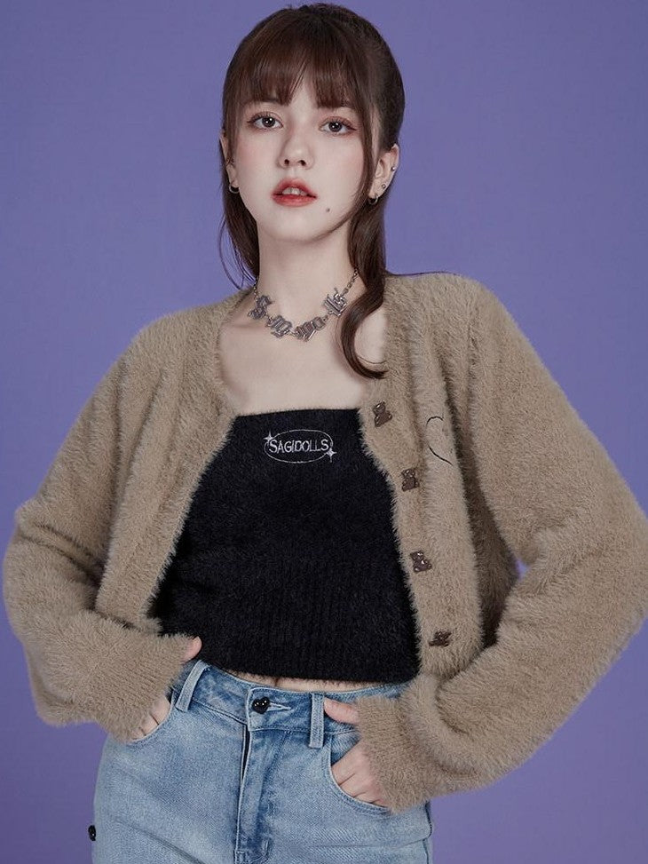 SagiDolls Teddy Bear Embroidered Heart Round Neck Women's Faux Mink Camel Cardigans