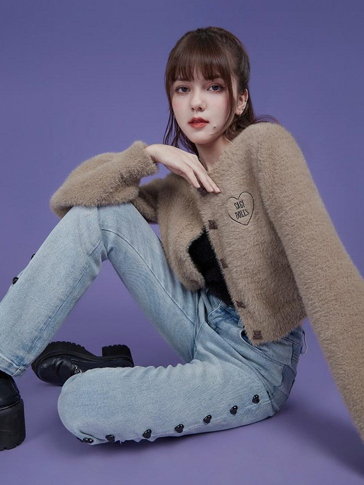 SagiDolls Teddy Bear Embroidered Heart Round Neck Women's Faux Mink Camel Cardigans