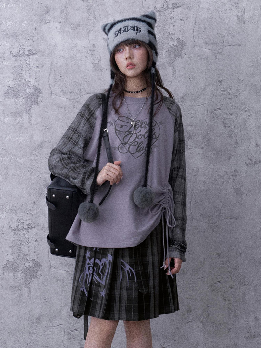 SagiDolls Textured Raglan Sleeve Print Drawstring Loose Fit Women's Cotton Long Sleeve T-shirts