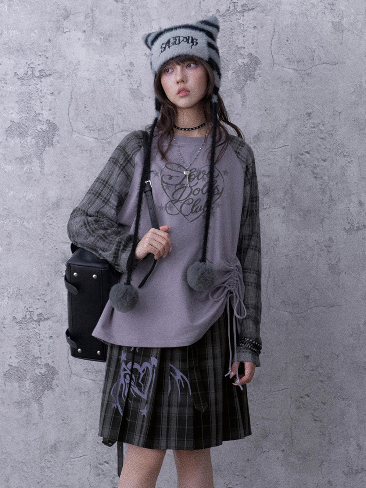 SagiDolls Textured Raglan Sleeve Print Drawstring Loose Fit Women's Cotton Long Sleeve T-shirts