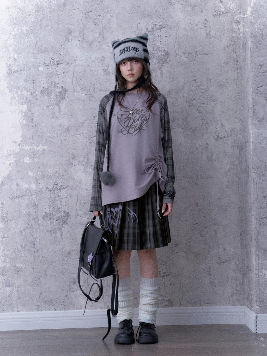 SagiDolls Textured Raglan Sleeve Print Drawstring Loose Fit Women's Cotton Long Sleeve T-shirts