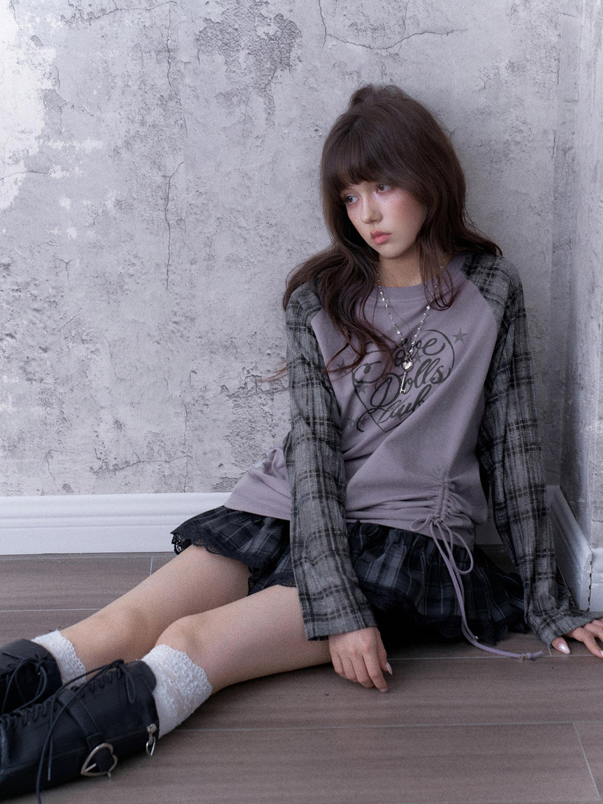 SagiDolls Textured Raglan Sleeve Print Drawstring Loose Fit Women's Cotton Long Sleeve T-shirts