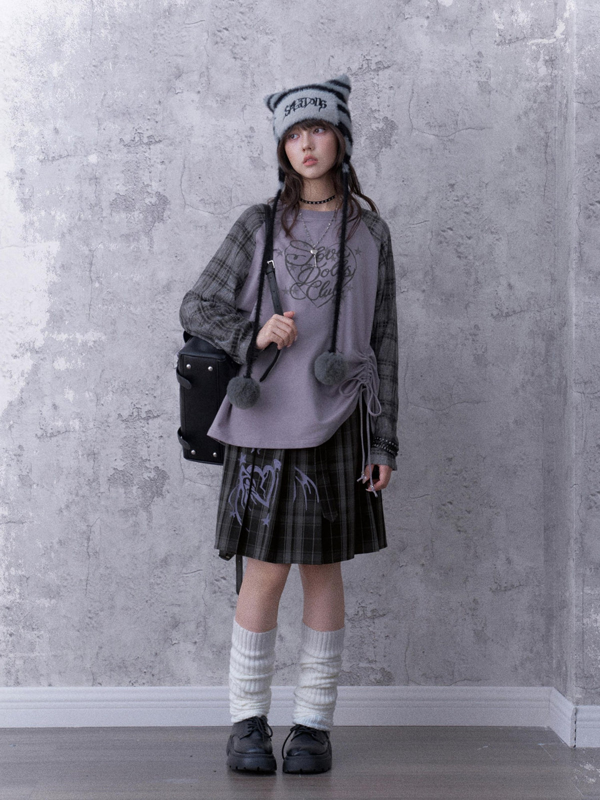 SagiDolls Textured Raglan Sleeve Print Drawstring Loose Fit Women's Cotton Long Sleeve T-shirts