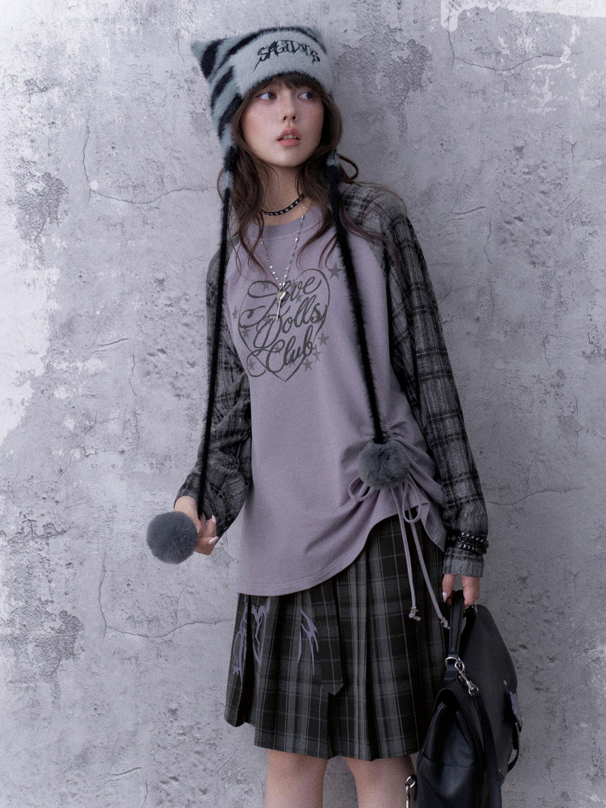 SagiDolls Textured Raglan Sleeve Print Drawstring Loose Fit Women's Cotton Long Sleeve T-shirts