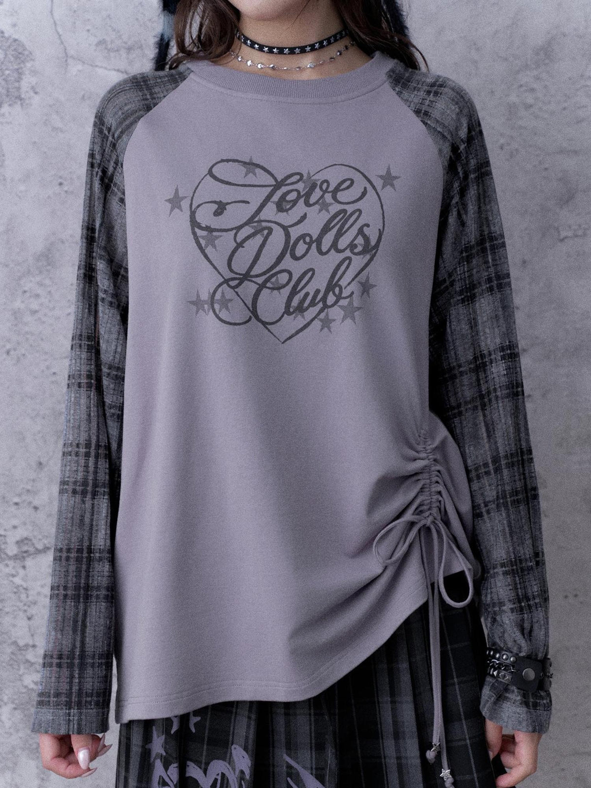 SagiDolls Textured Raglan Sleeve Print Drawstring Loose Fit Women's Cotton Long Sleeve T-shirts