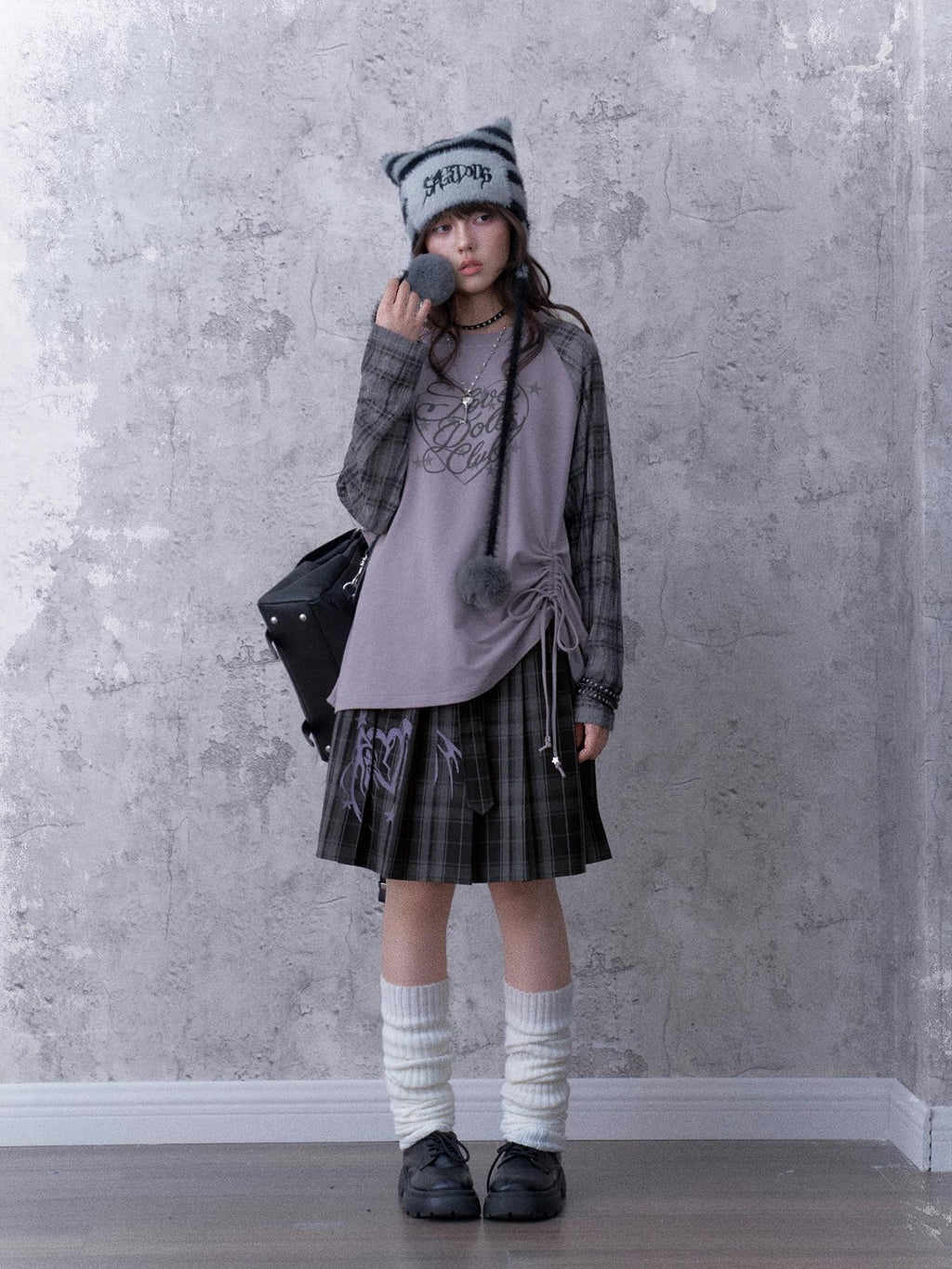 SagiDolls Textured Raglan Sleeve Print Drawstring Loose Fit Women's Cotton Long Sleeve T-shirts