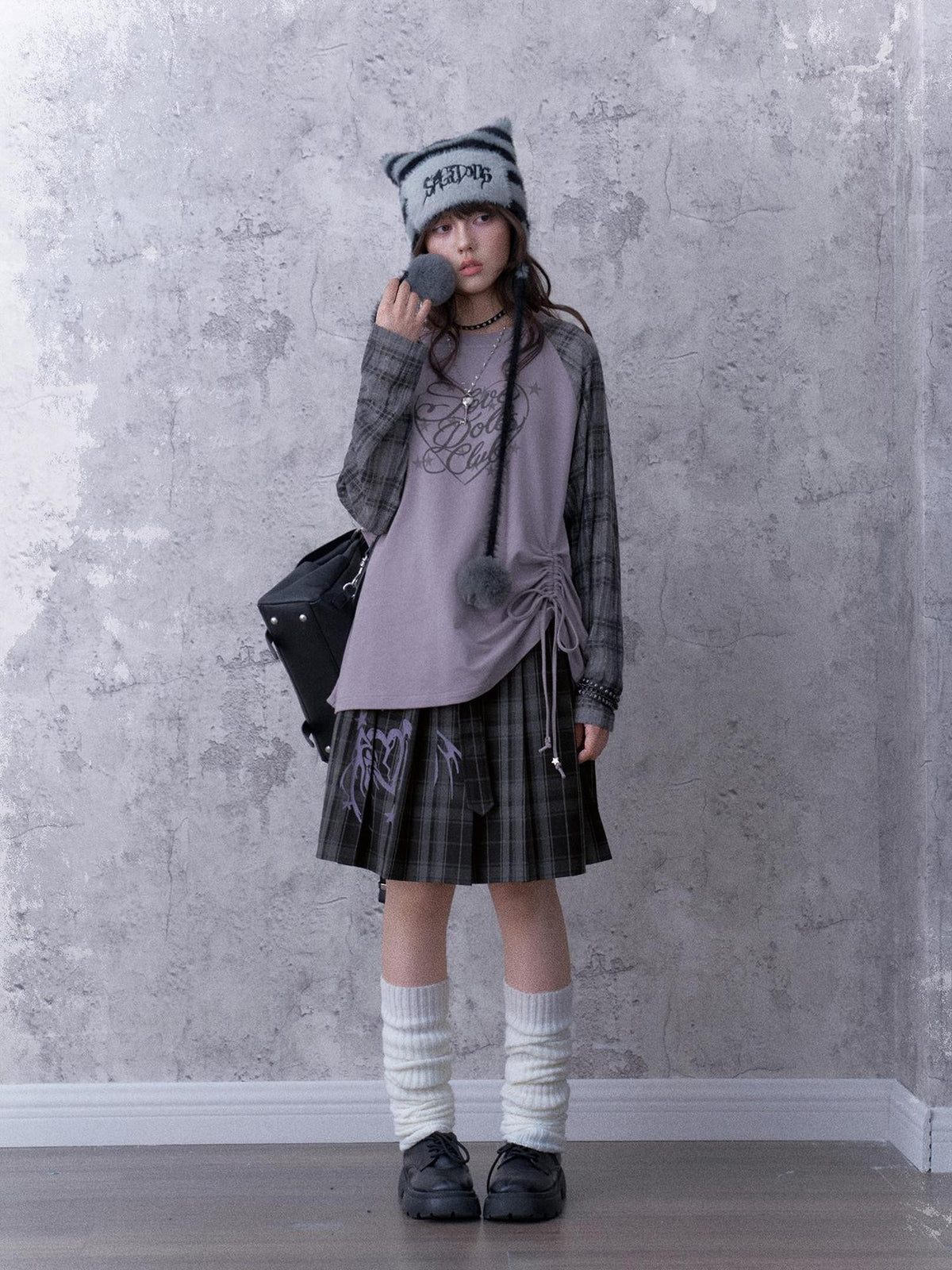 SagiDolls Textured Raglan Sleeve Print Drawstring Loose Fit Women's Cotton Long Sleeve T-shirts