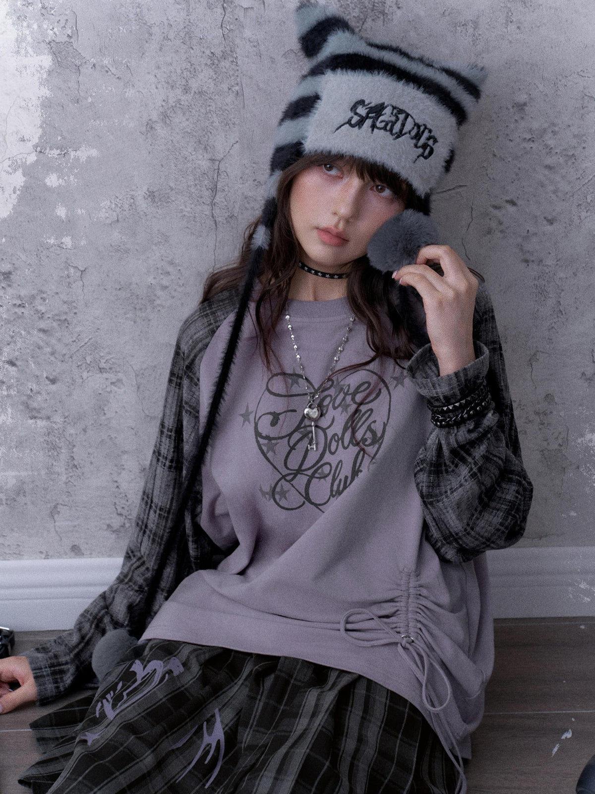SagiDolls Textured Raglan Sleeve Print Drawstring Loose Fit Women's Cotton Long Sleeve T-shirts