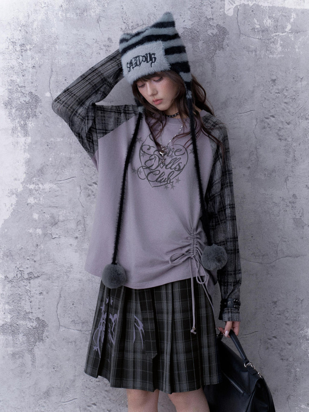 SagiDolls Textured Raglan Sleeve Print Drawstring Loose Fit Women's Cotton Long Sleeve T-shirts
